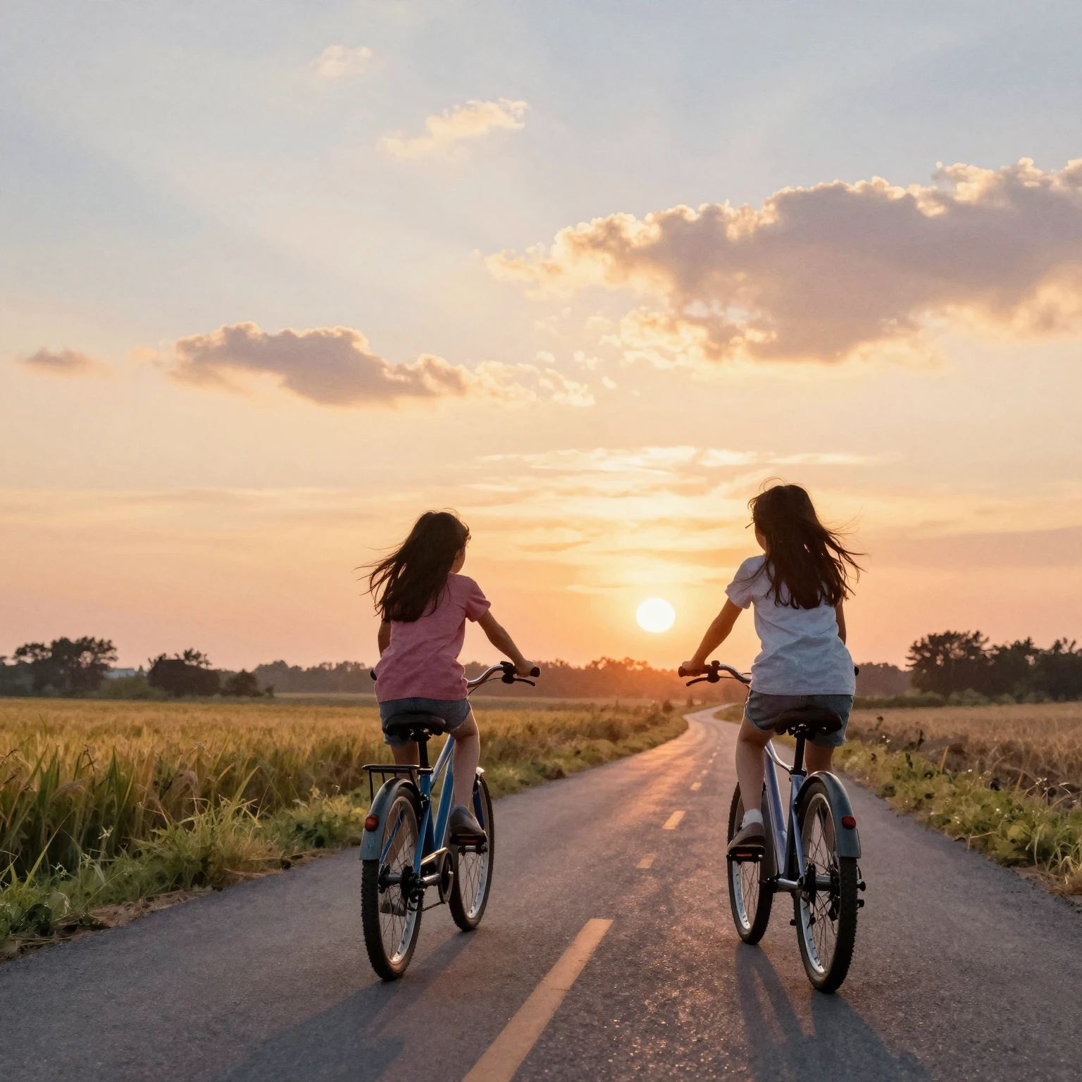 Watercolor style. A silhouette of two young girls riding bic...