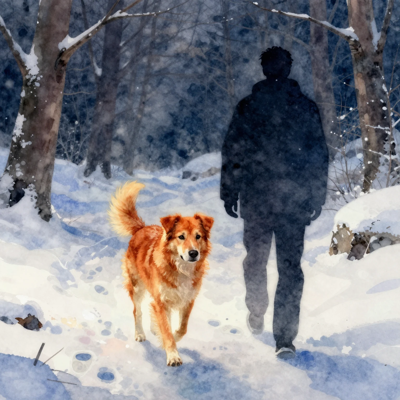 Vibrant watercolor style. A loyal, old, ginger dog, now a tr...