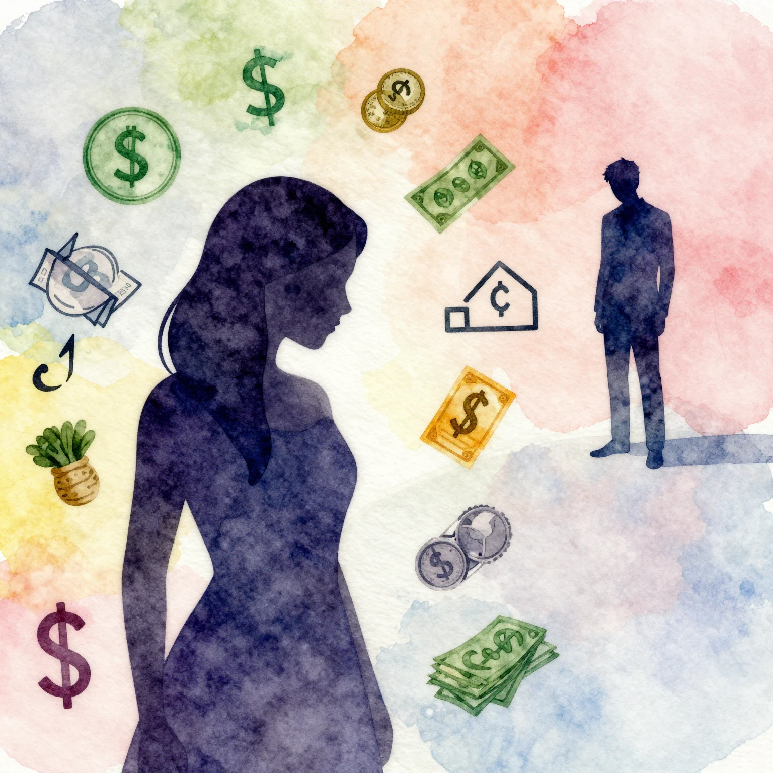 Vibrant watercolor illustration showing a woman's silhouette...