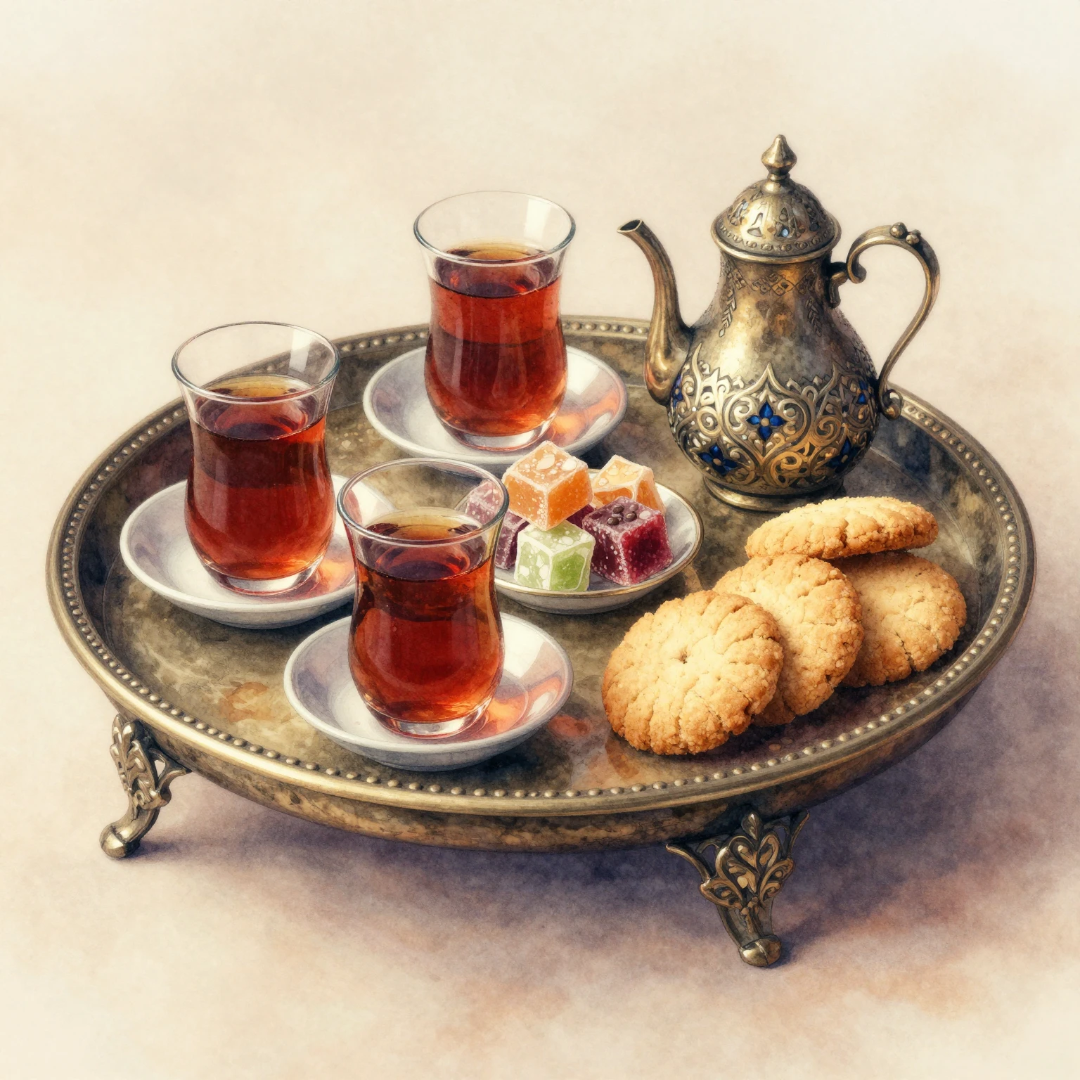 A small table with a traditional Azerbaijani tea set, includ...