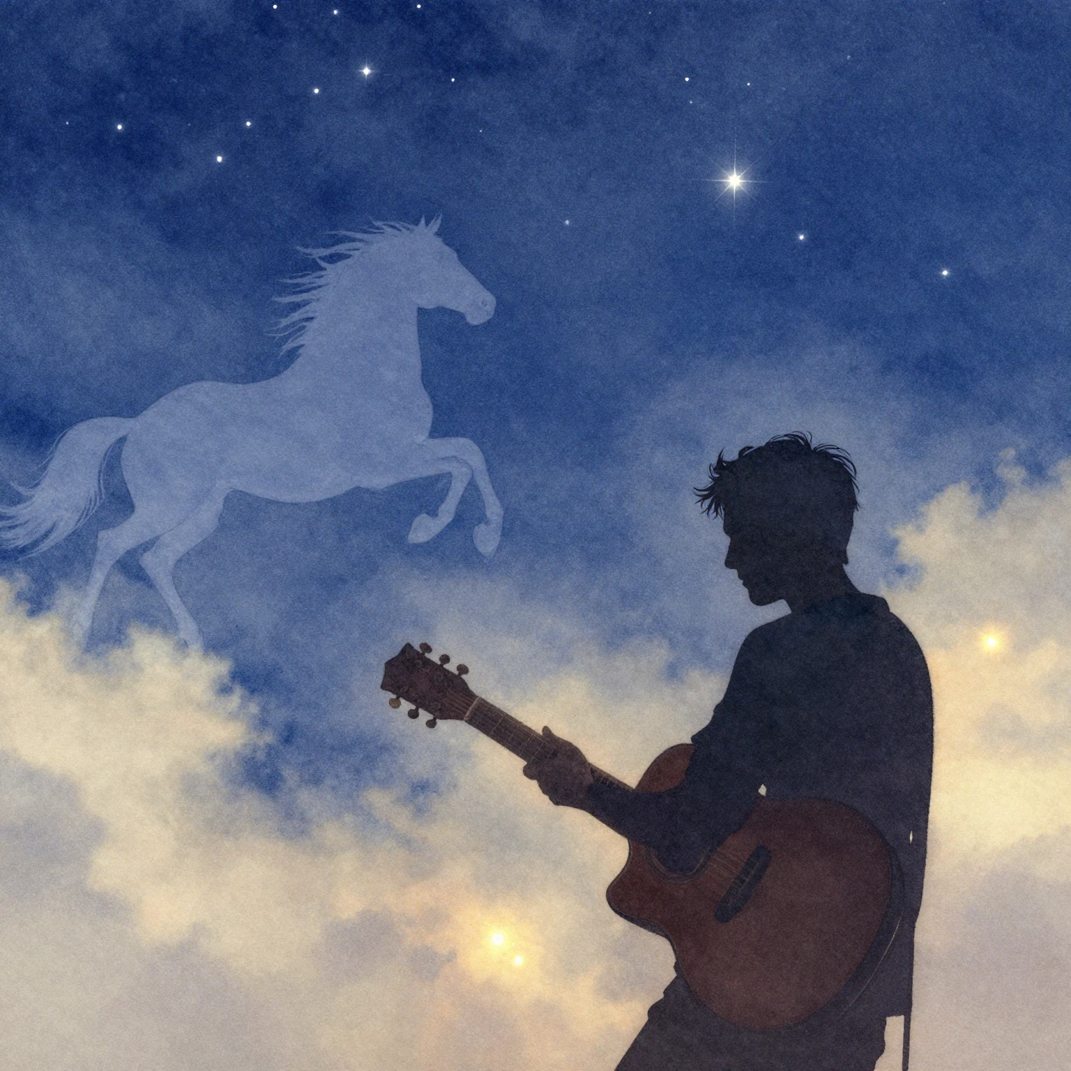 Watercolor style. A silhouette of a man playing an acoustic ...