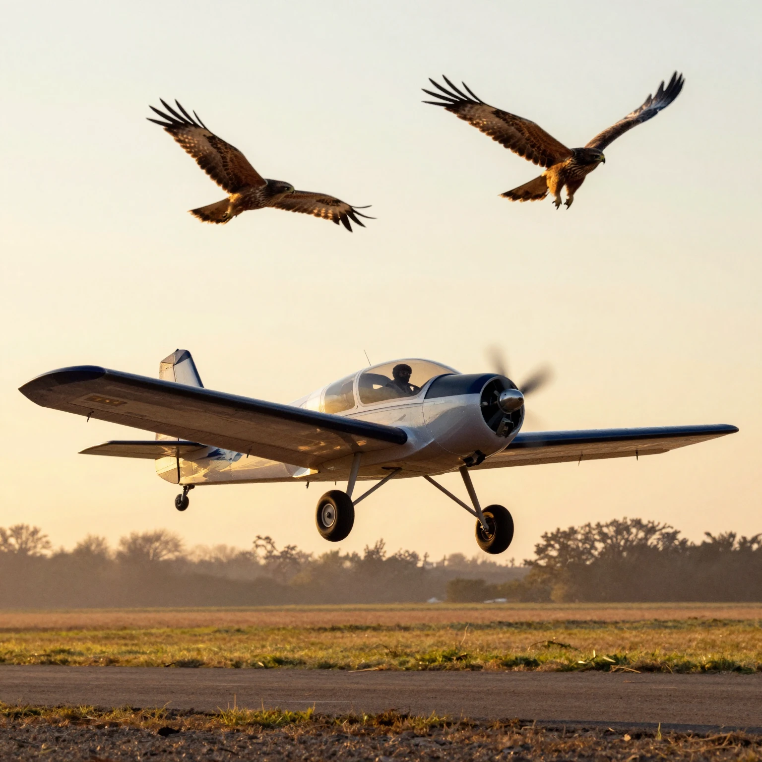 A small agricultural airplane taking off at dawn, a silhouet...