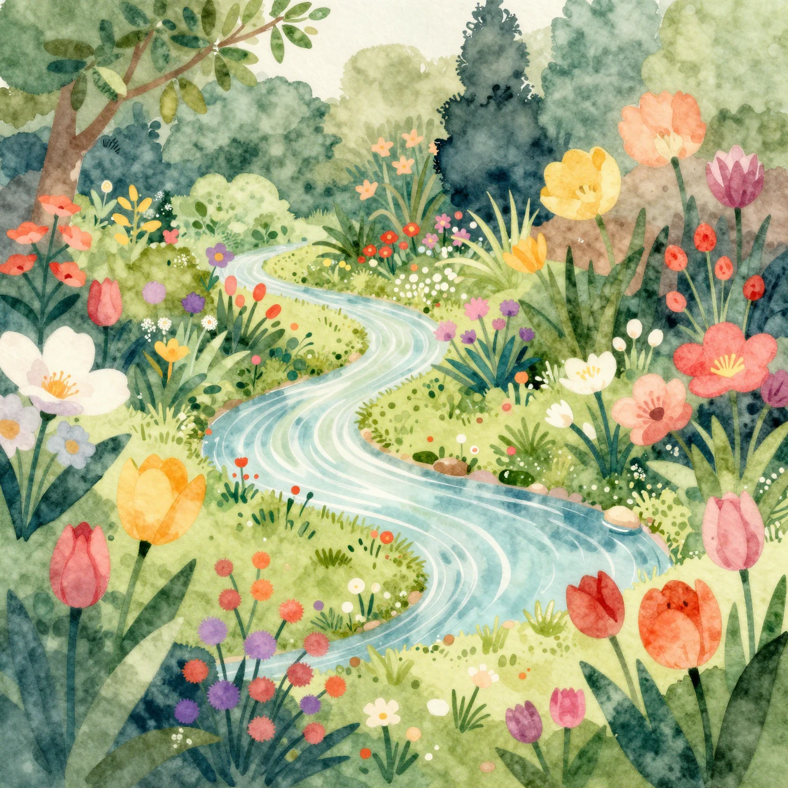 A vibrant watercolor folk art illustration of a lush, eterna...