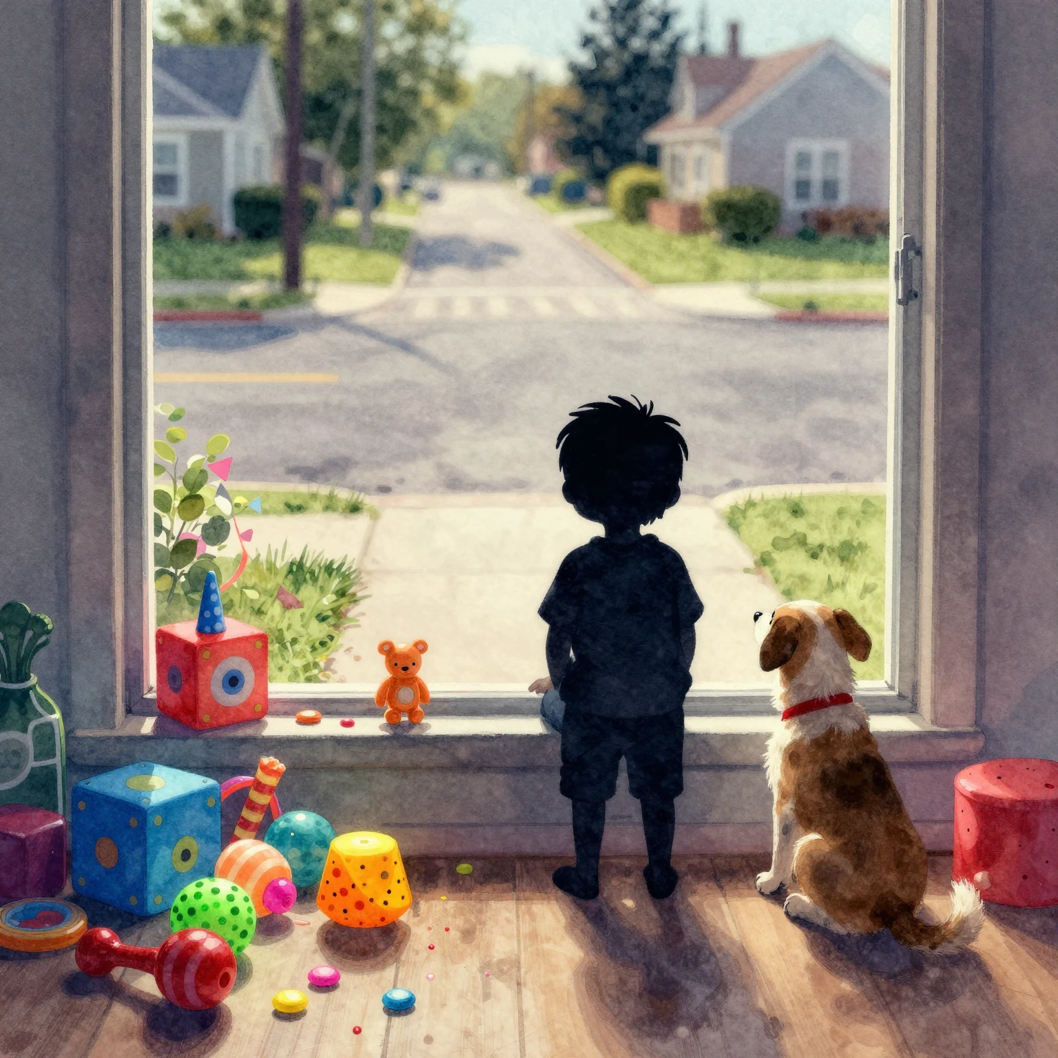 Vibrant watercolor style. A lonely child's silhouette, surro...