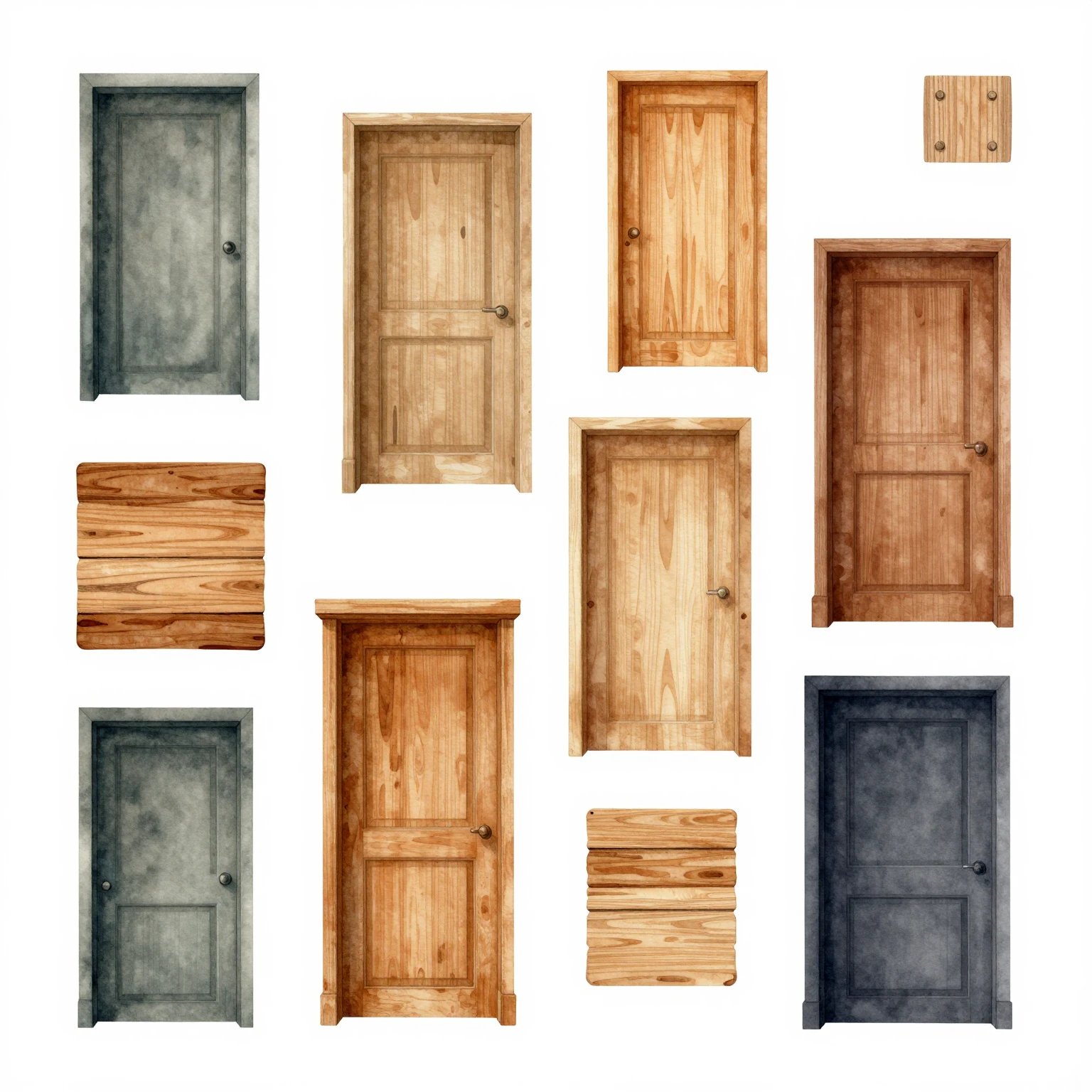 Watercolor illustration of colorful wooden texture patches a...