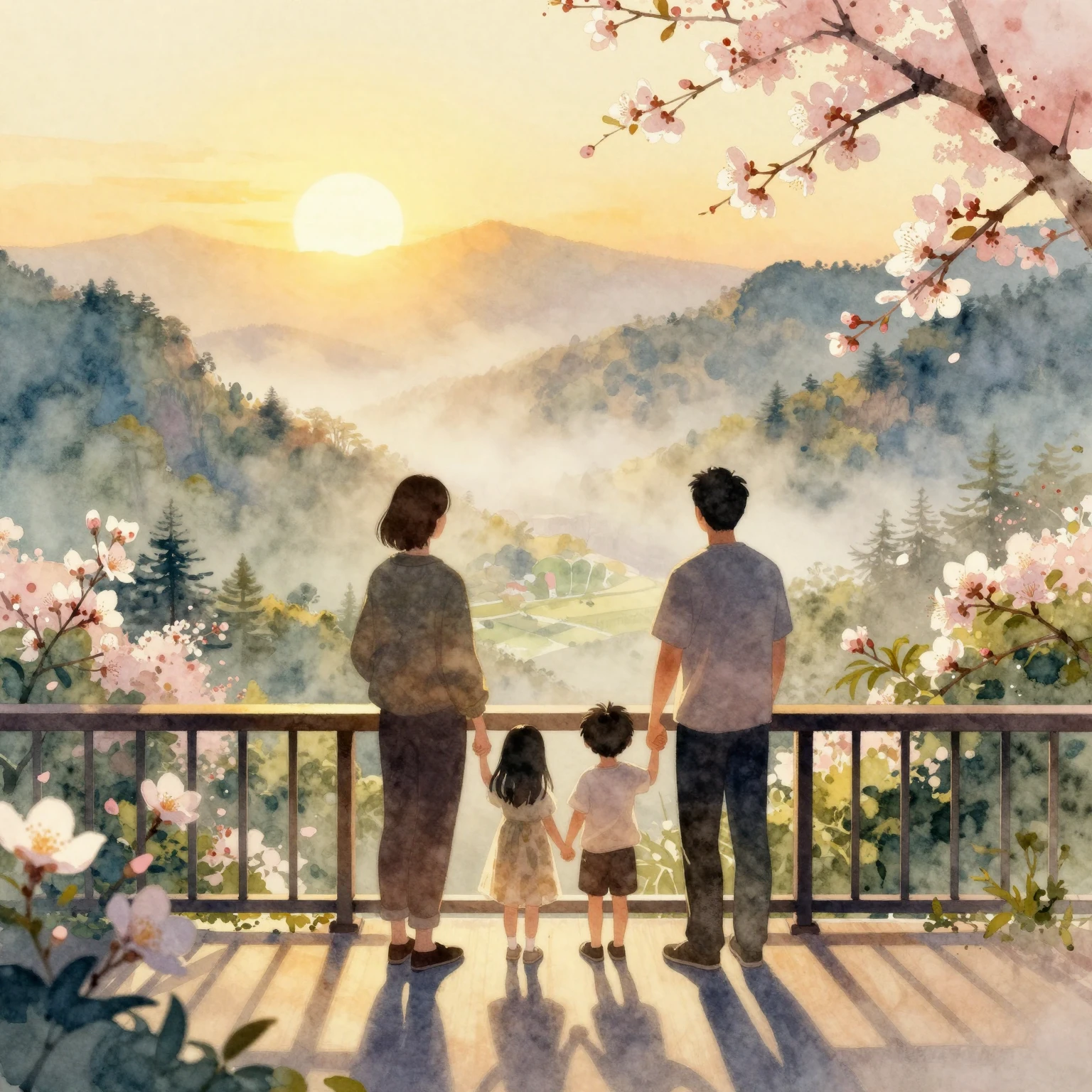 Watercolor painting of silhouettes of a family holding hands...