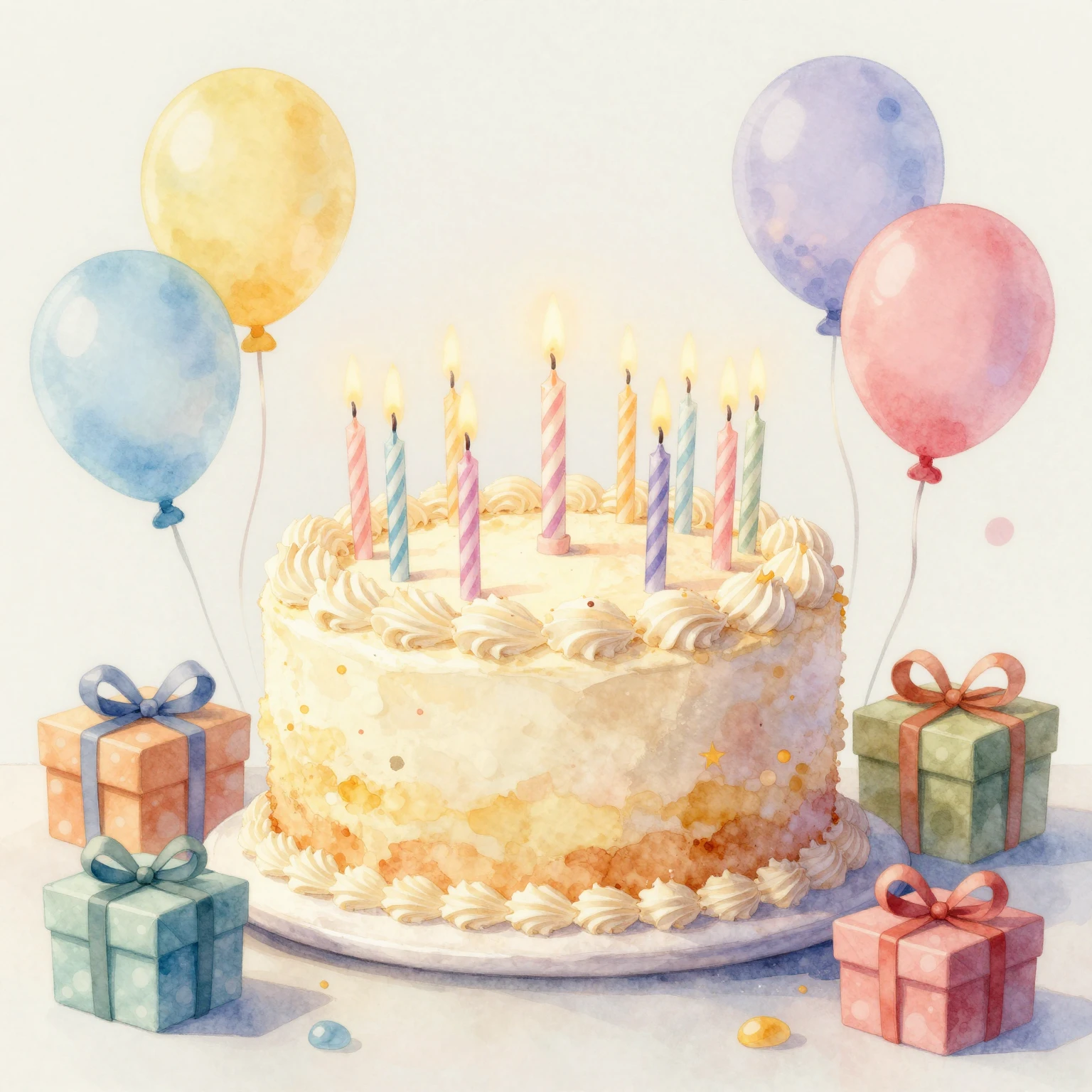 A whimsical watercolor painting of a birthday cake with 14 c...
