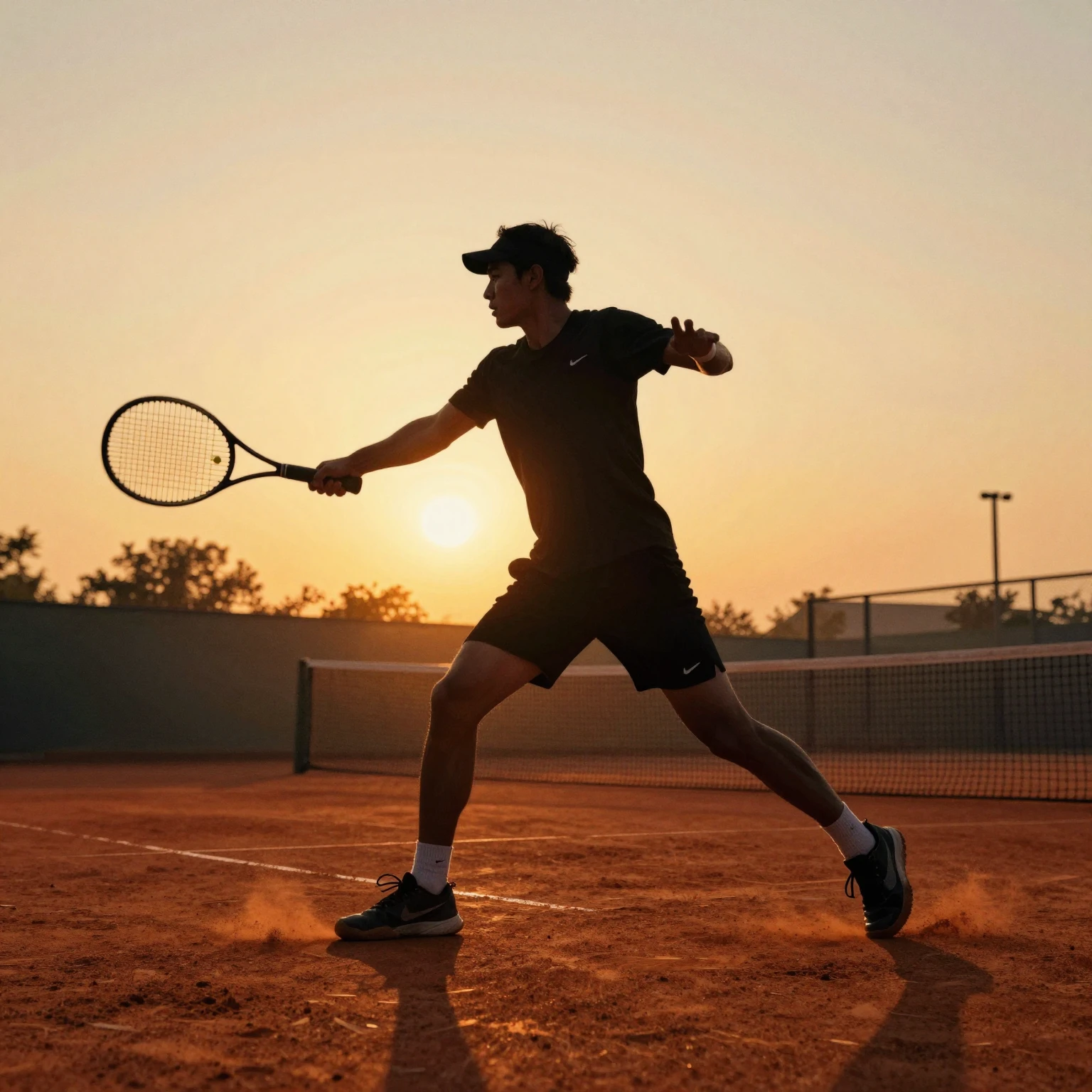 Watercolor silhouette of a tennis player on clay court at su...