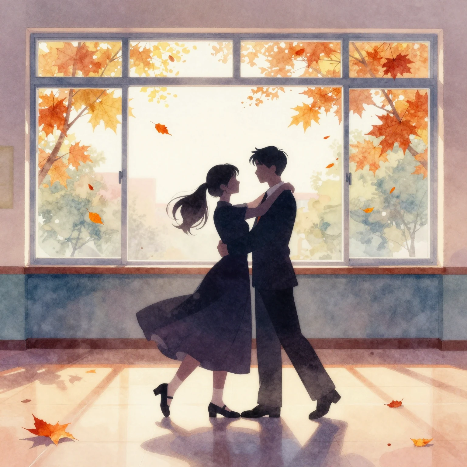 Vibrant watercolor style. A silhouette of two high school gr...