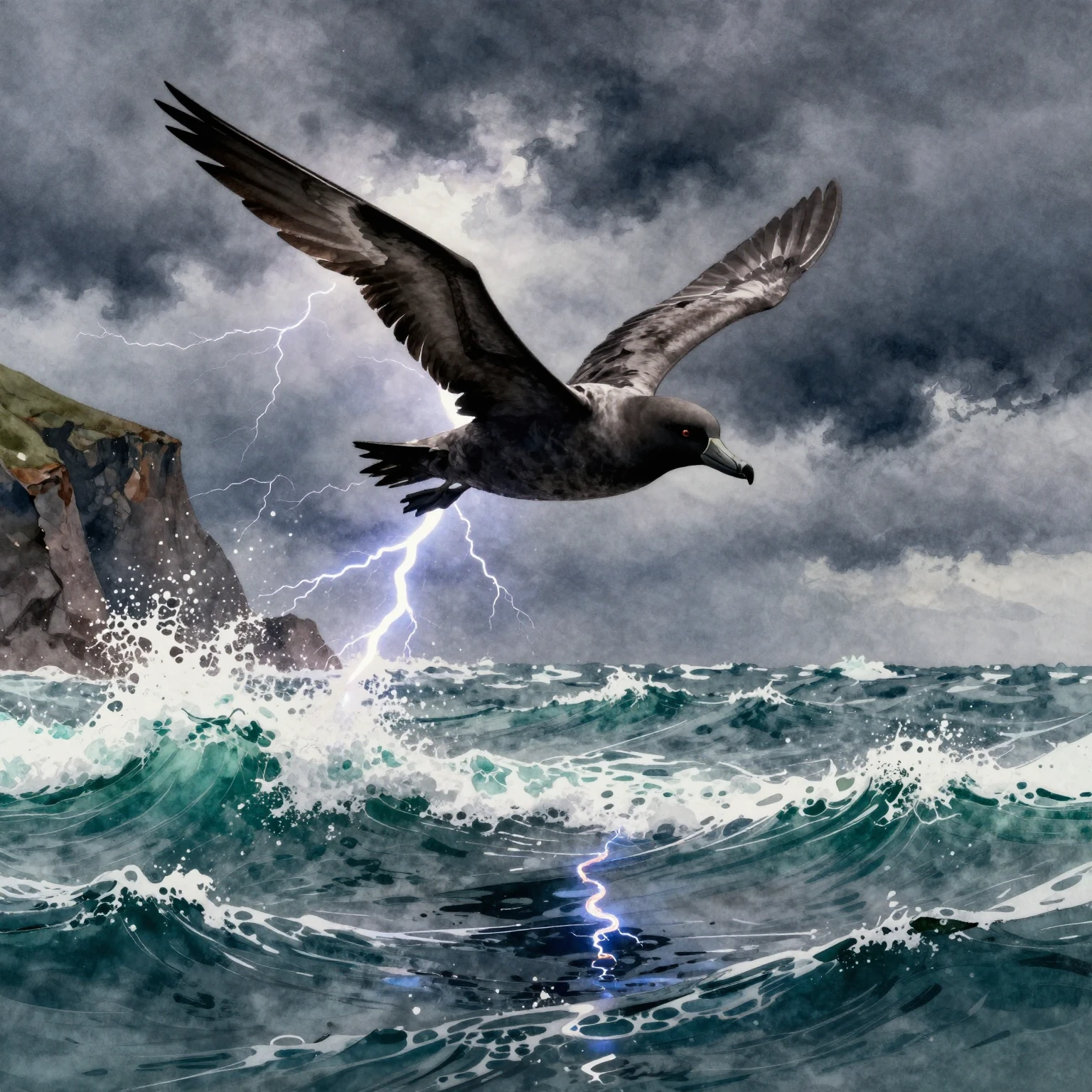 A majestic black petrel, resembling a lightning bolt, soarin...