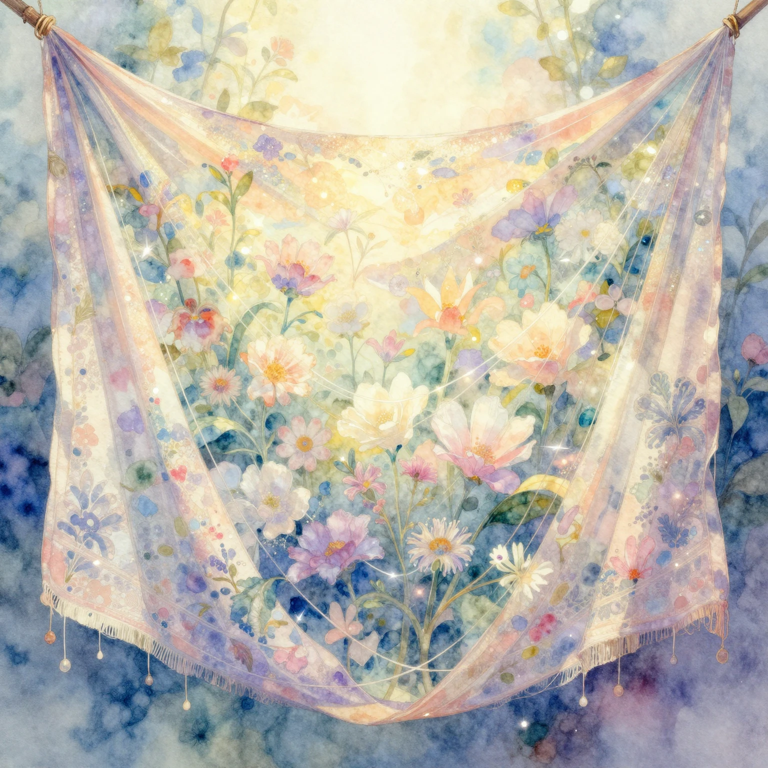 A vibrant watercolor painting of a magical, intricate tapest...