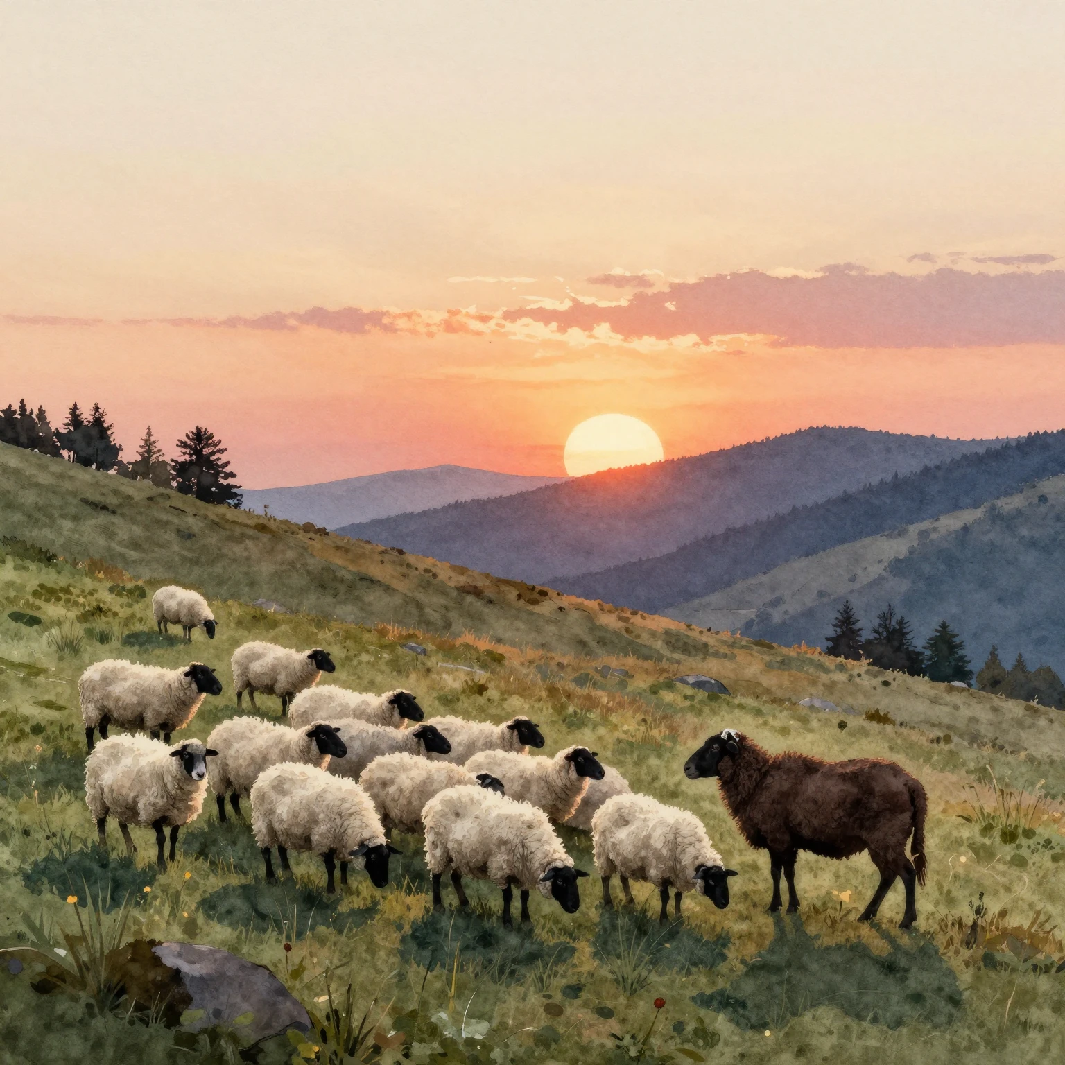 A watercolor painting of a shepherd with his flock of sheep ...