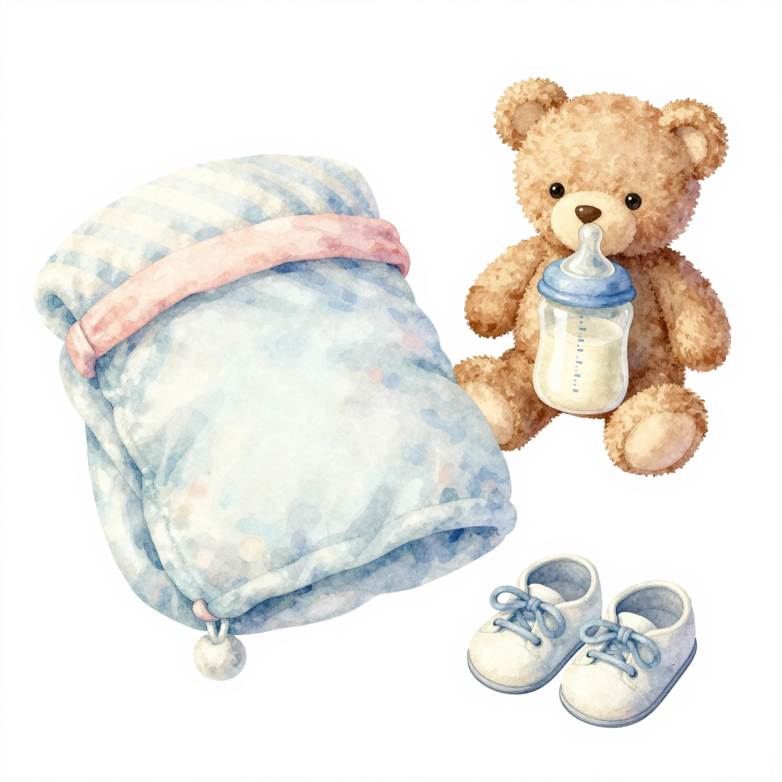 A cute watercolor illustration of various baby items: a soft...