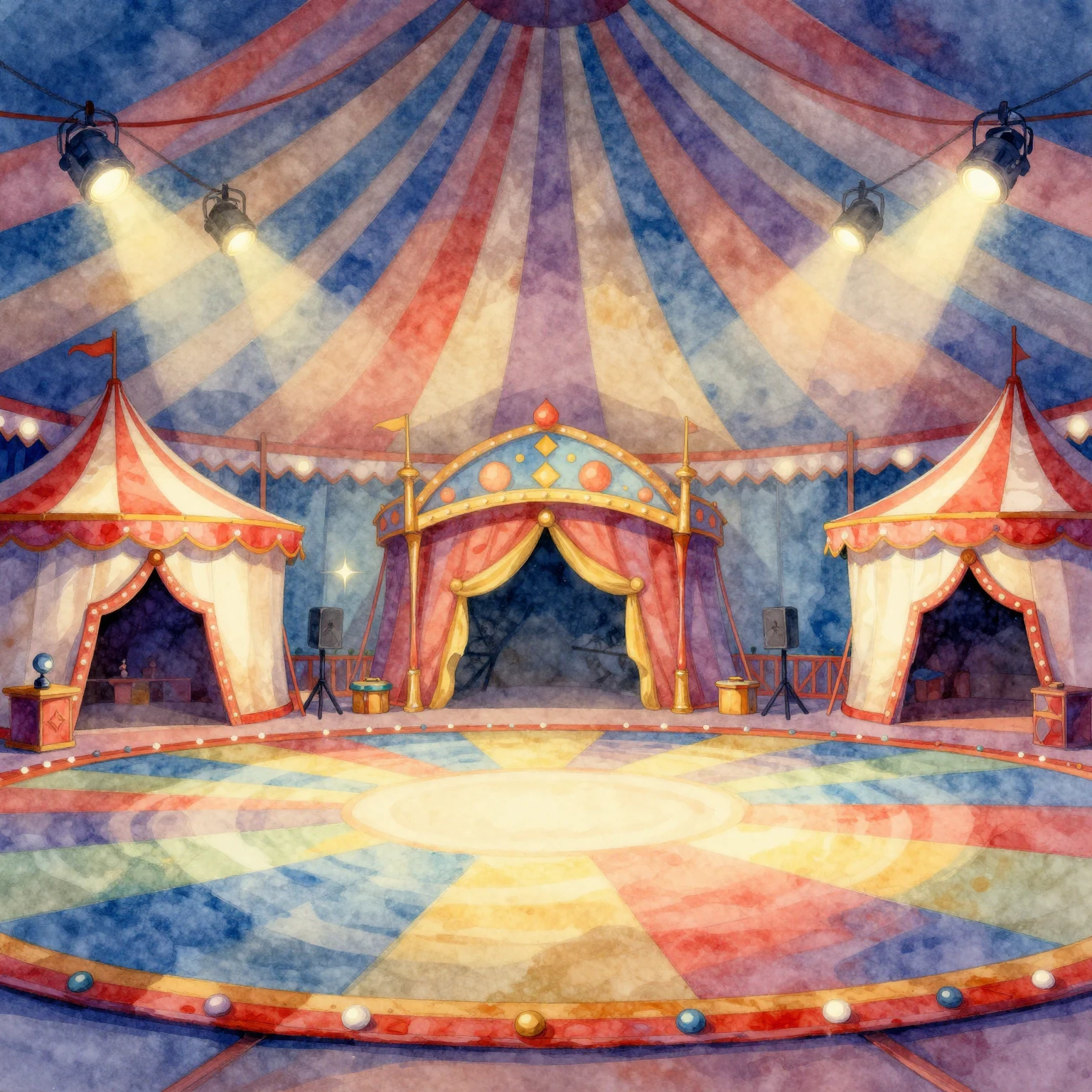 Vibrant watercolor style. Circus tent interior, colorful car...