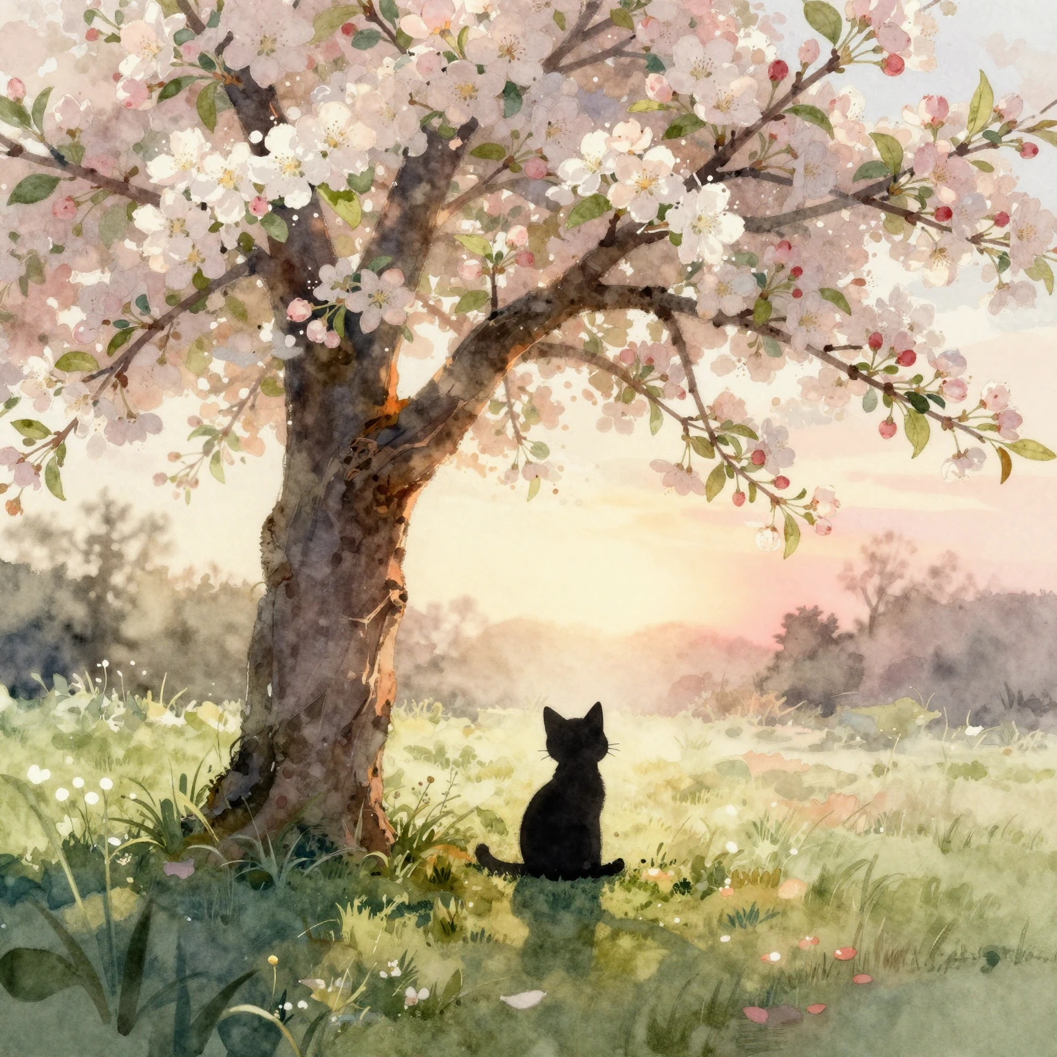 Watercolor painting of a tiny kitten silhouette sitting unde...