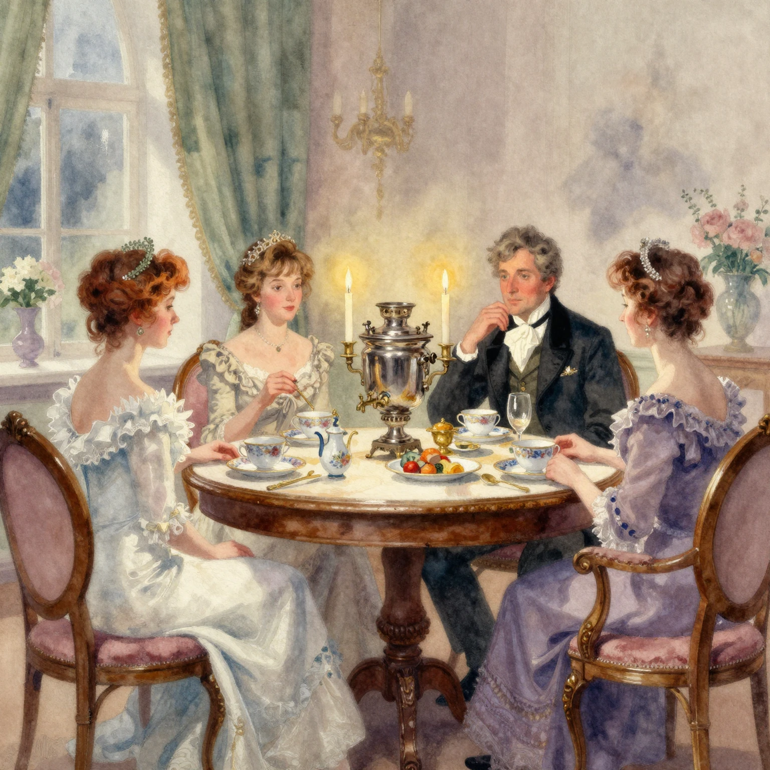 Vibrant watercolor painting of a 19th-century Russian aristo...