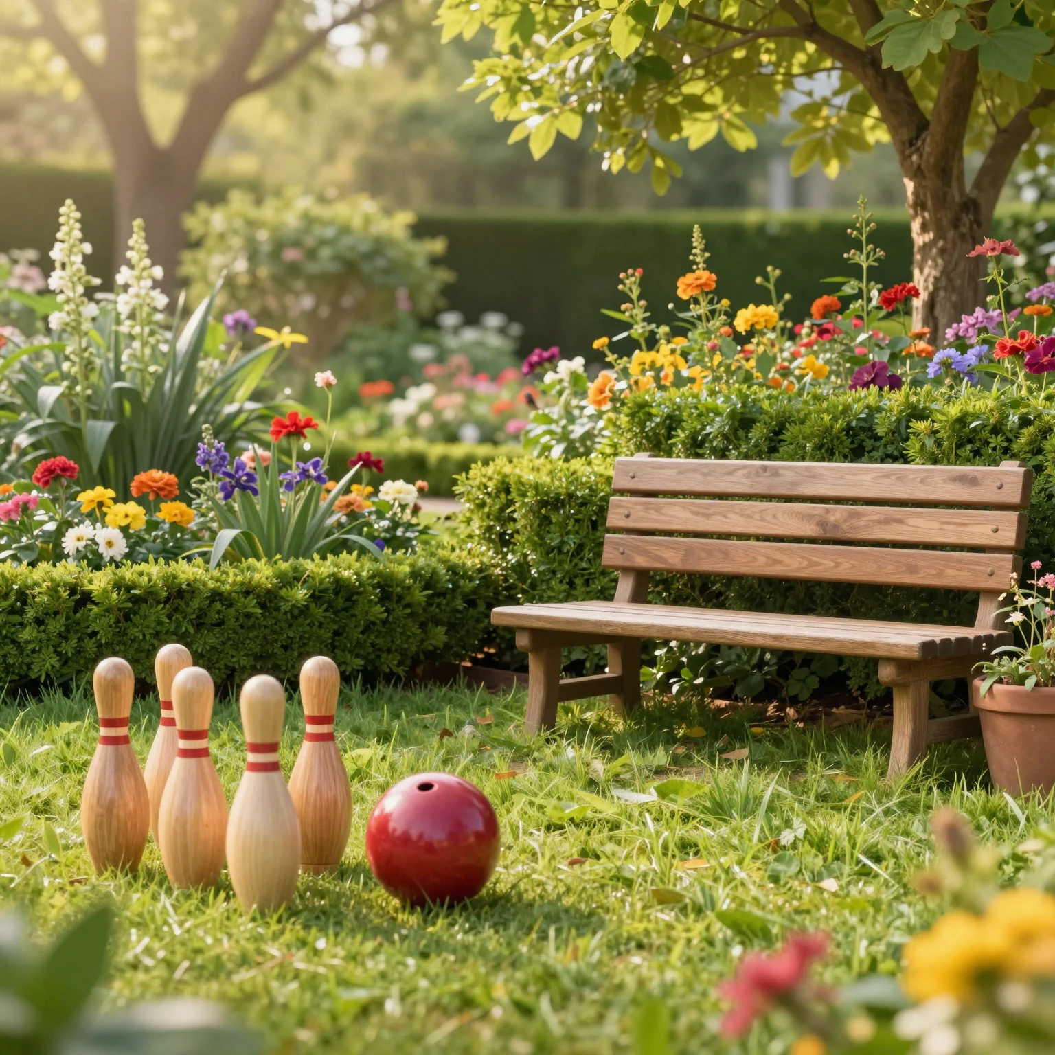 A charming and peaceful garden scene with vibrant blooming f...