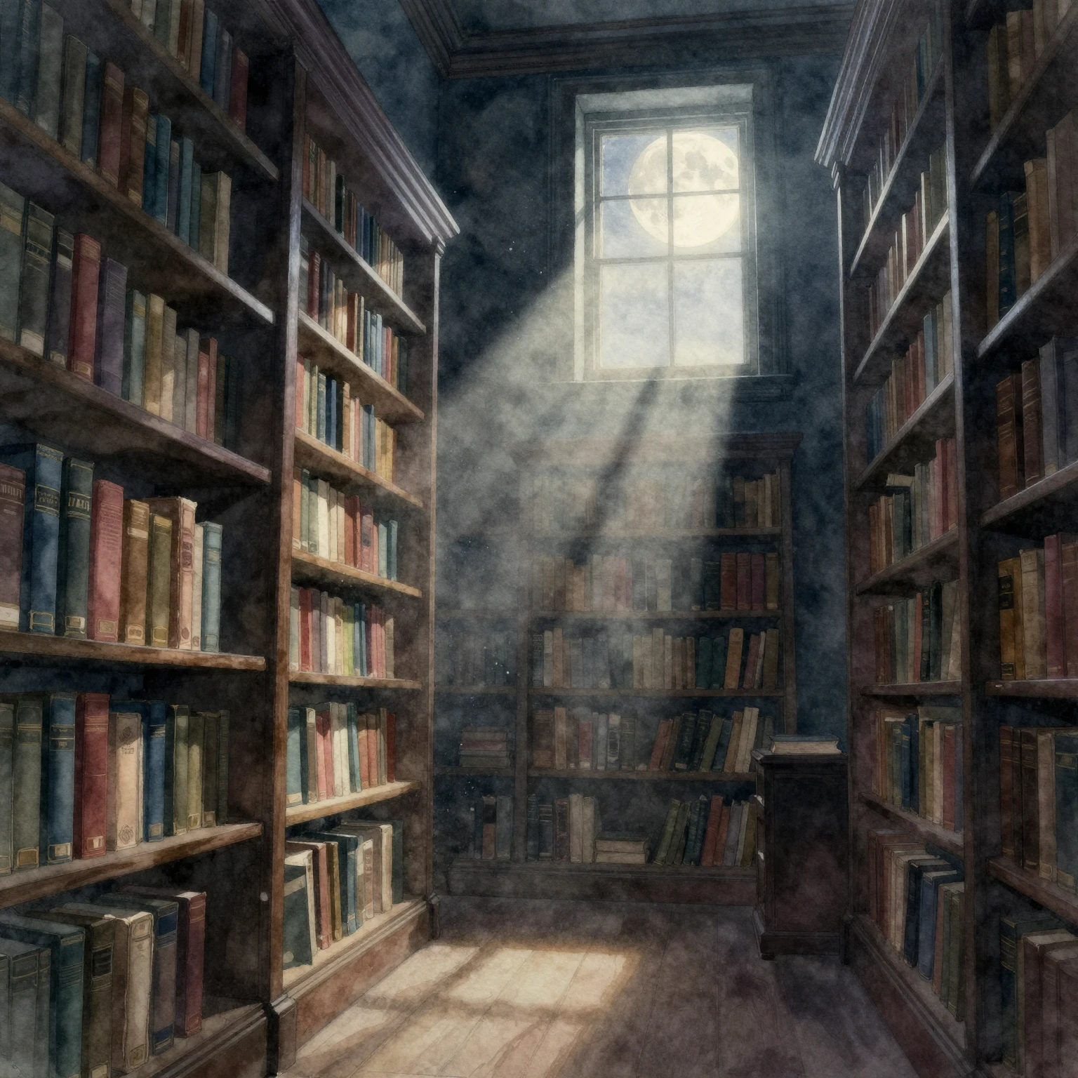Watercolor style. Dark library interior with tall bookshelve...