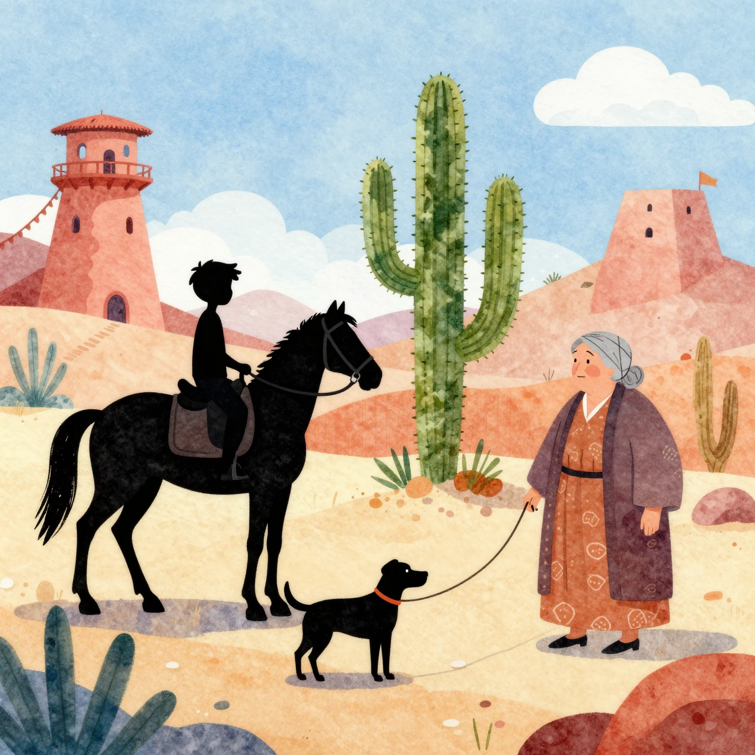 Vibrant watercolor illustration of desert characters. A silh...