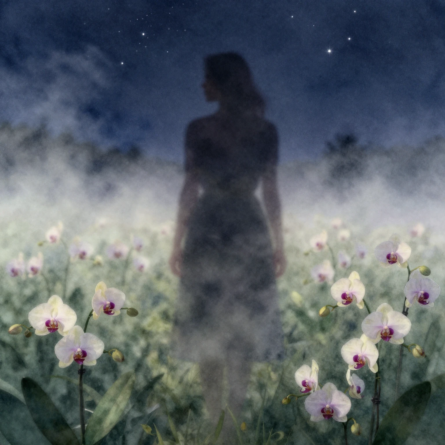 Watercolor style. A blurry silhouette of a woman standing in...