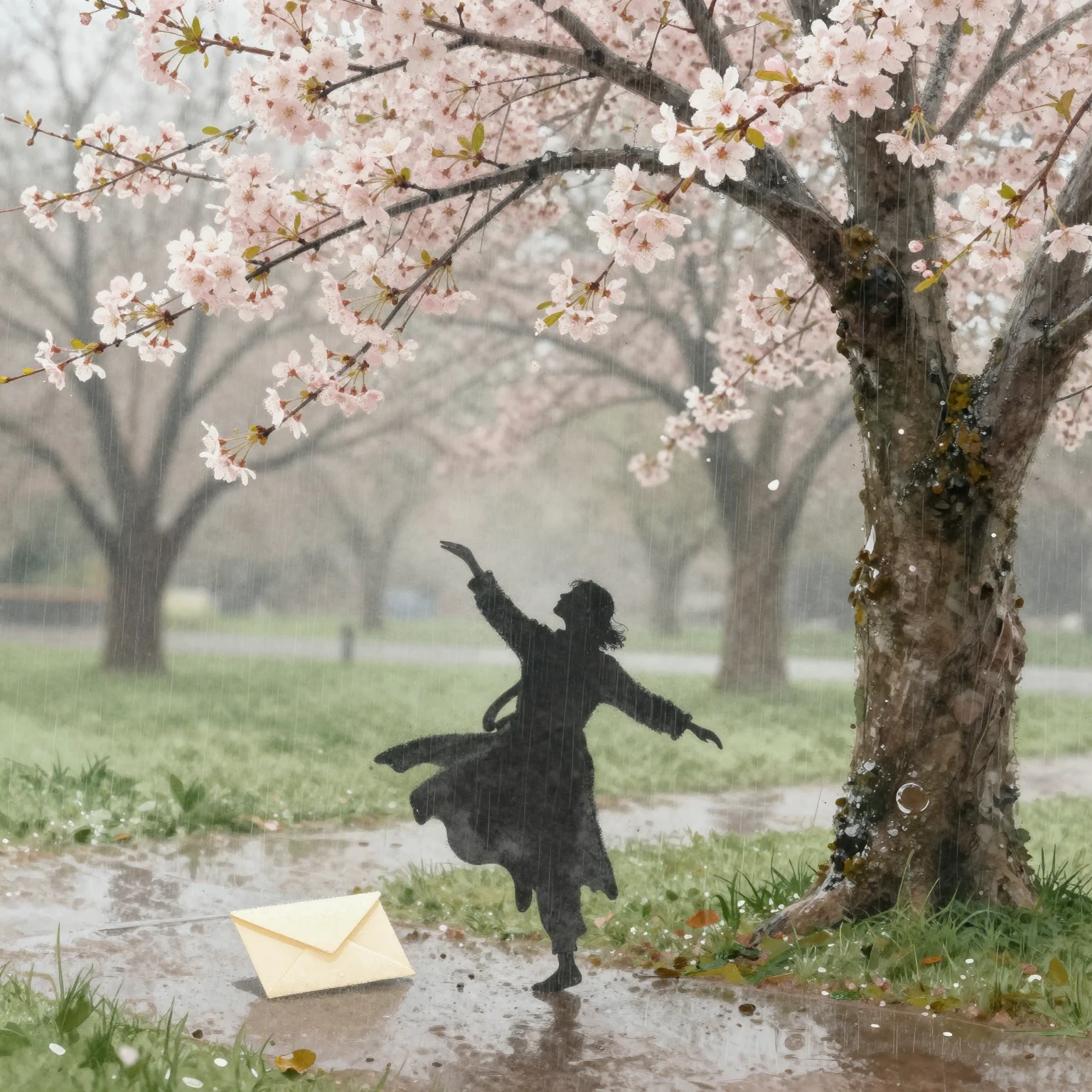 A whimsical April rain scene in a park, with a silhouette of...