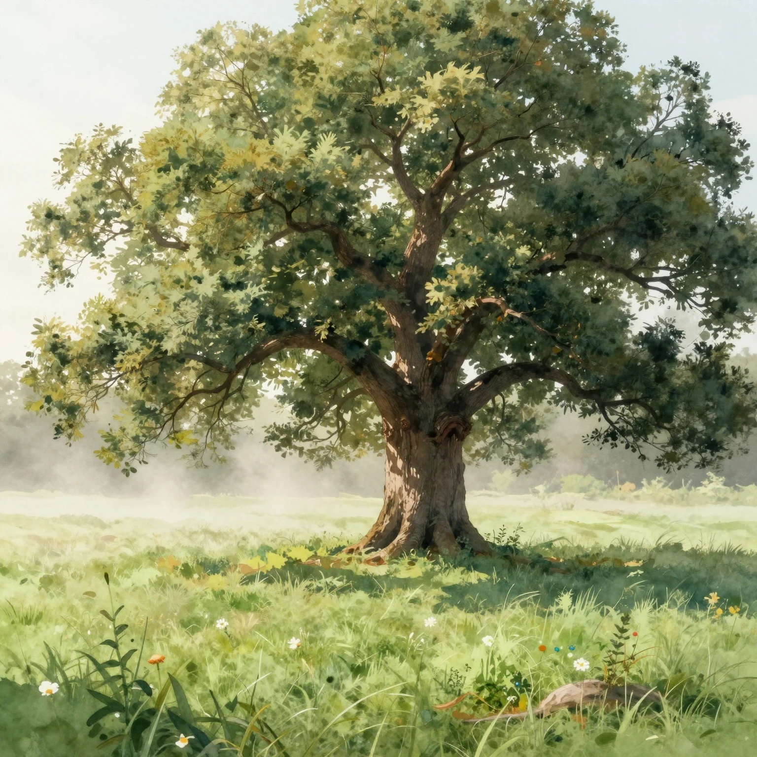 A majestic old oak tree standing alone in the middle of a vi...