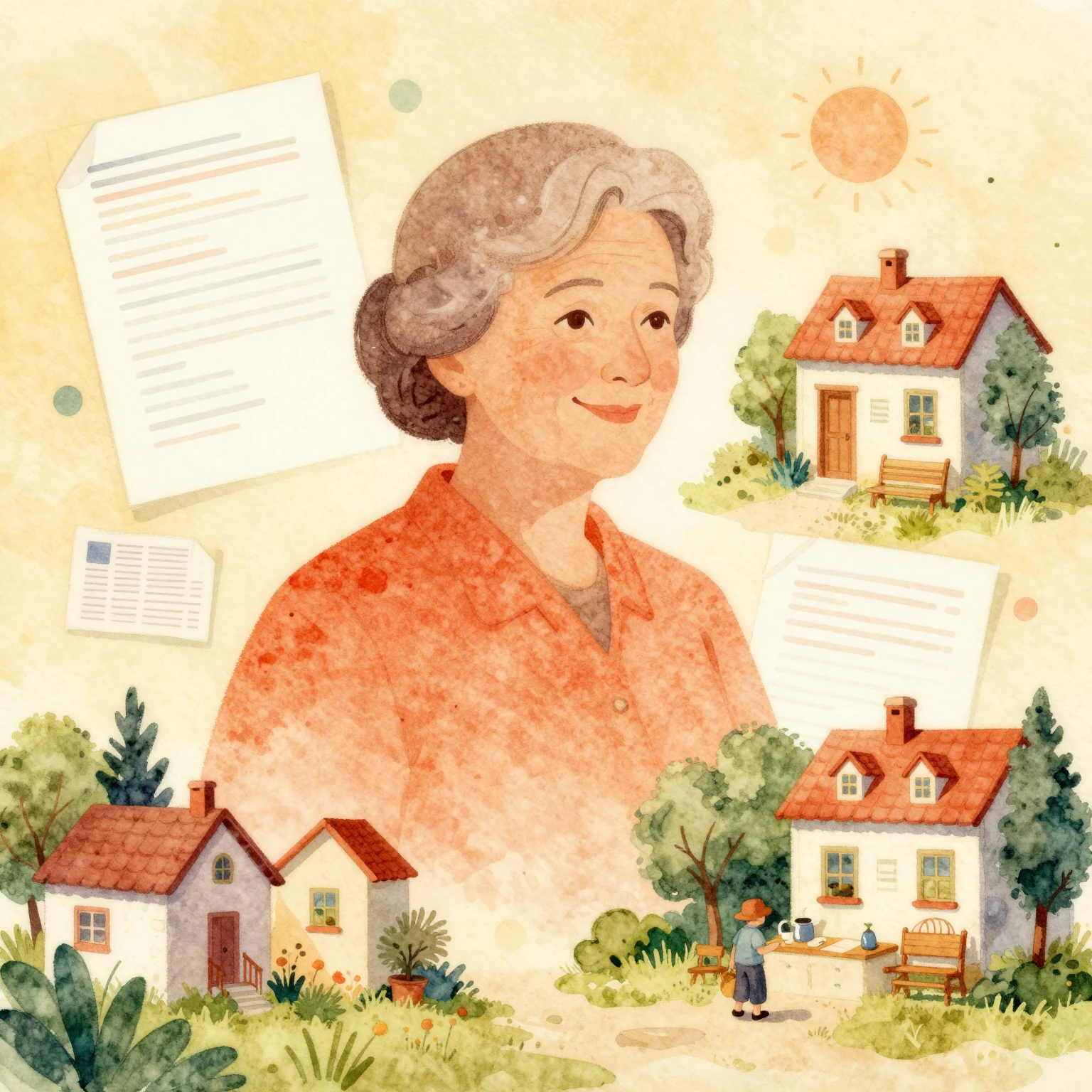 Vibrant watercolor illustration in a vintage country folk al...
