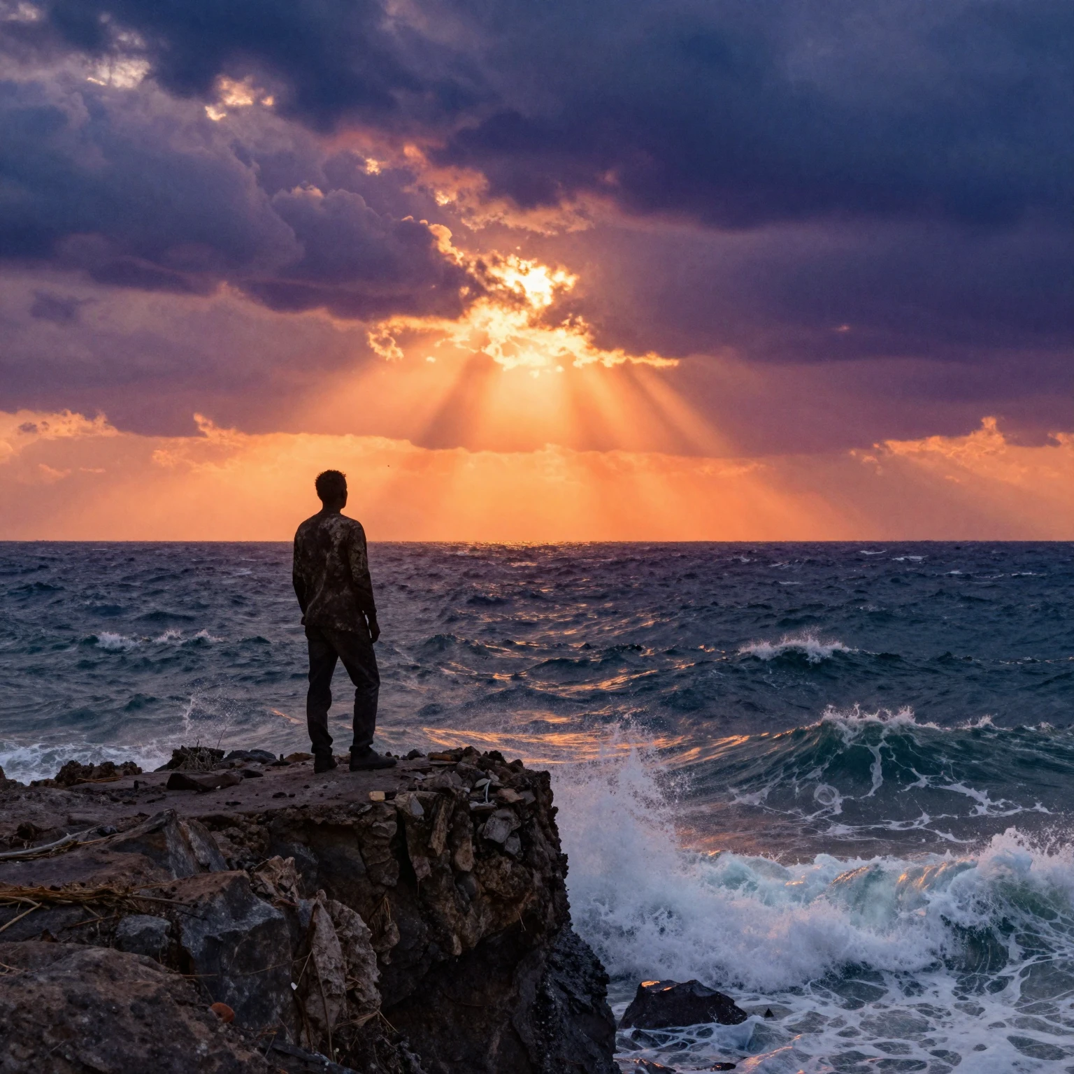 A lone, weathered silhouette on a cliff overlooking a vast, ...