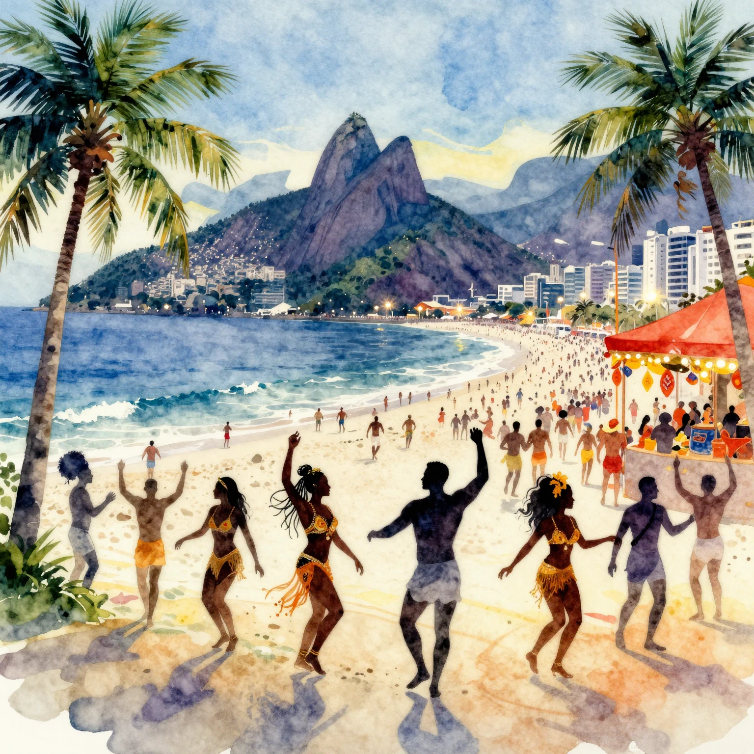 Vibrant watercolor style. Rio de Janeiro carnival, samba dan...