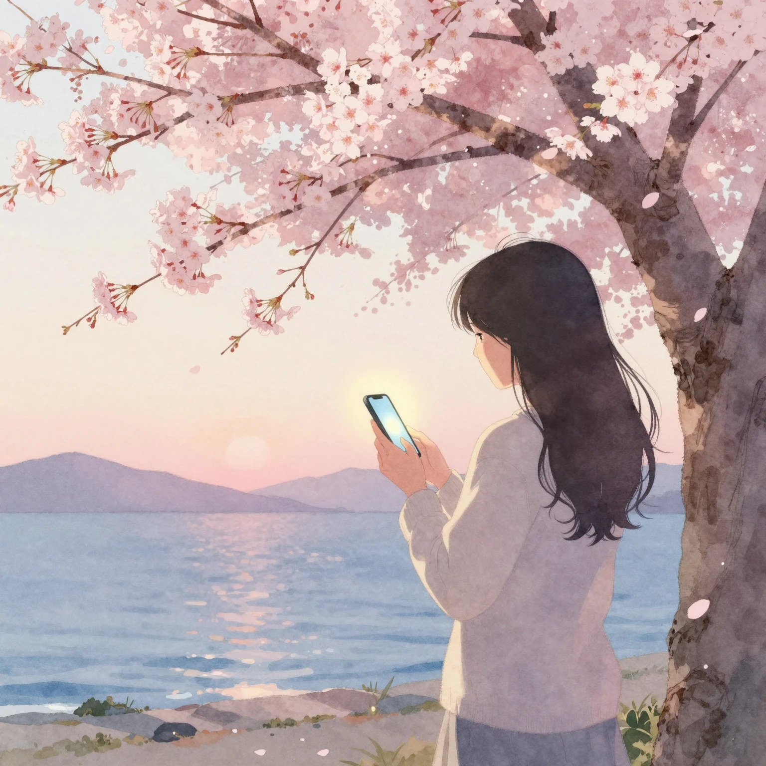 Watercolor style. A beautiful silhouette of a woman standing...