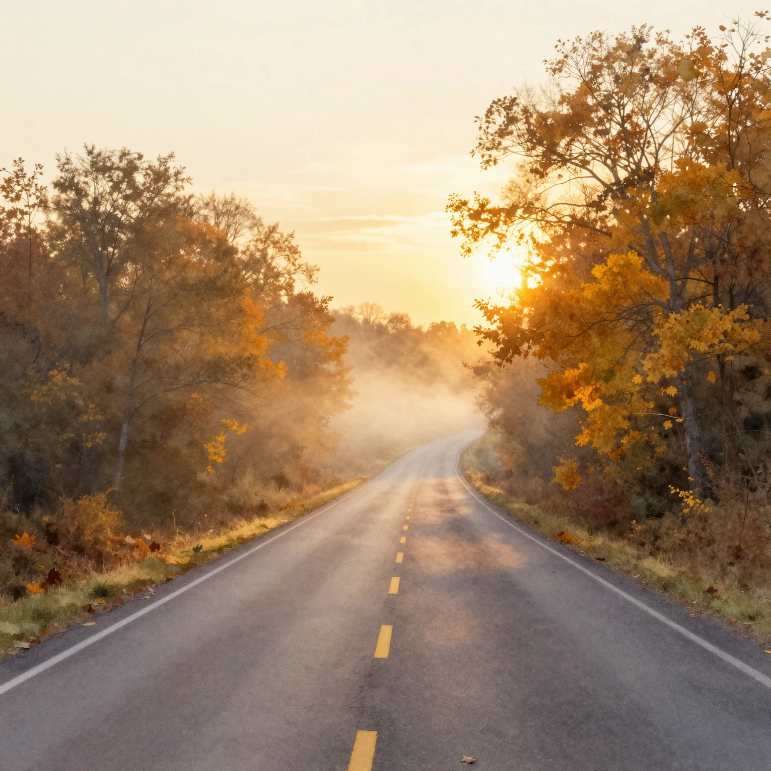 Watercolor painting of a misty autumn road at sunset, warm g...
