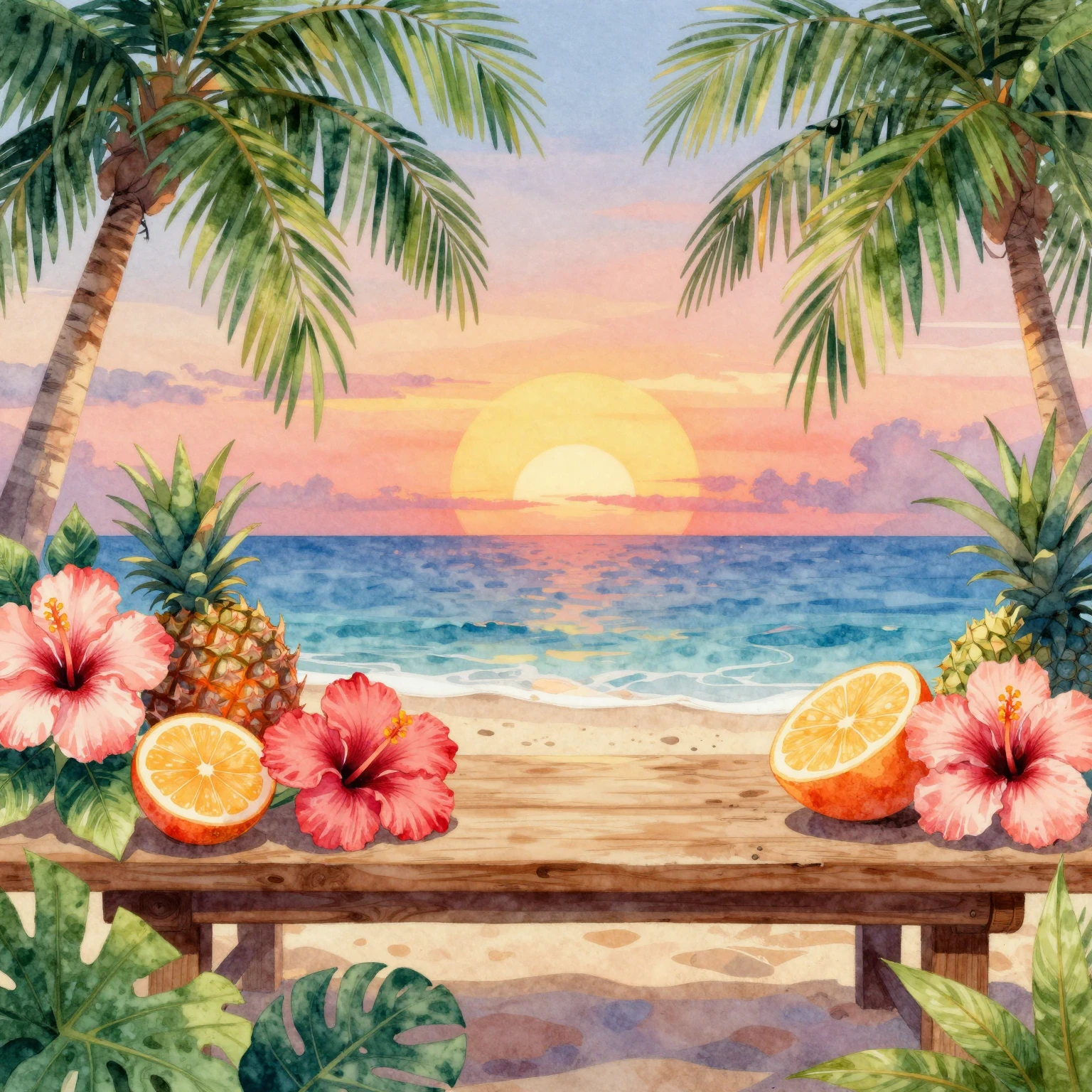 Watercolor style. Vibrant Hawaiian party background, lush pa...