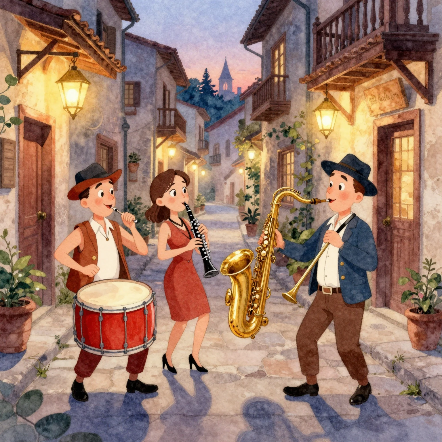 A vibrant watercolor illustration of four anthropomorphic mu...