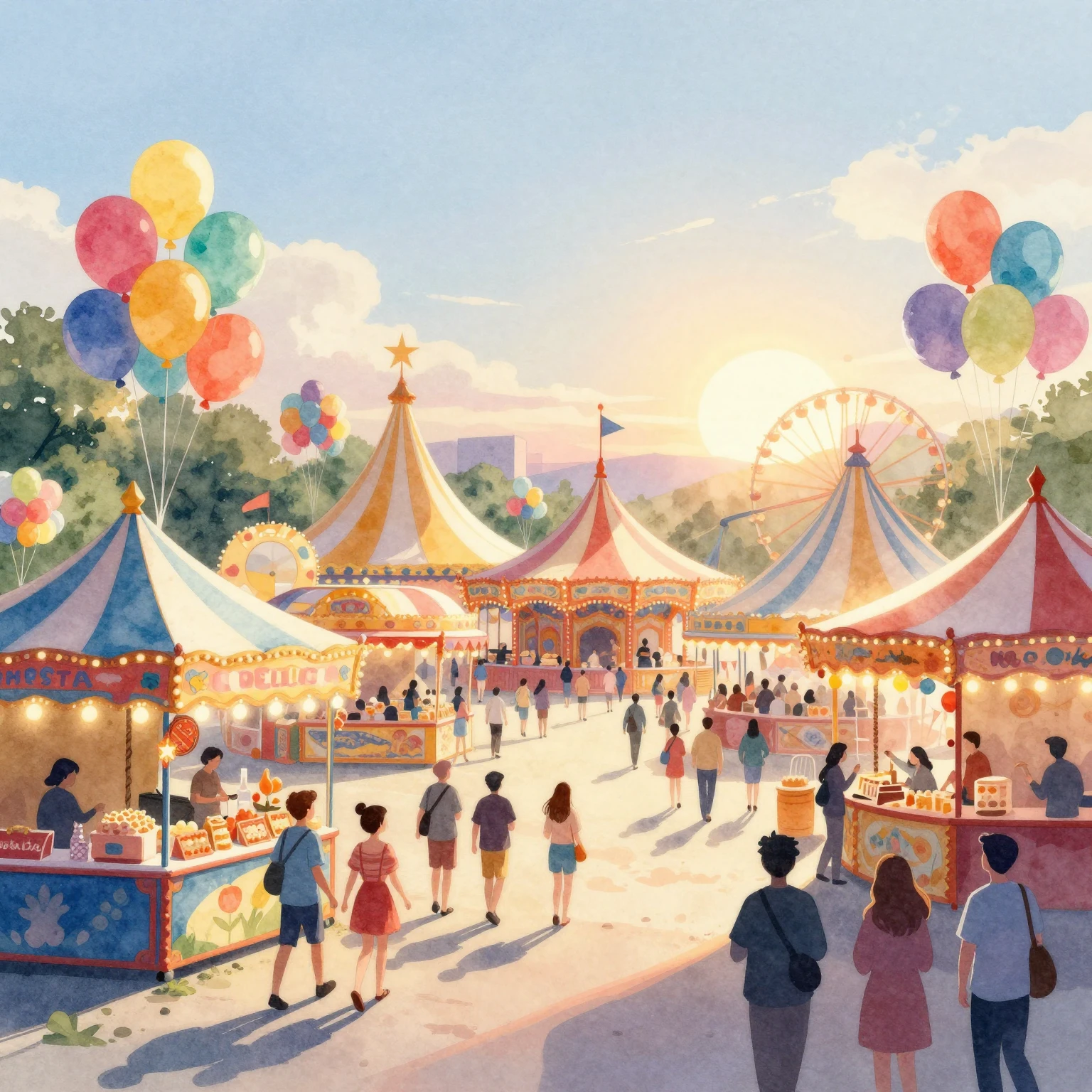 A vibrant, joyful watercolor illustration of a bustling gold...