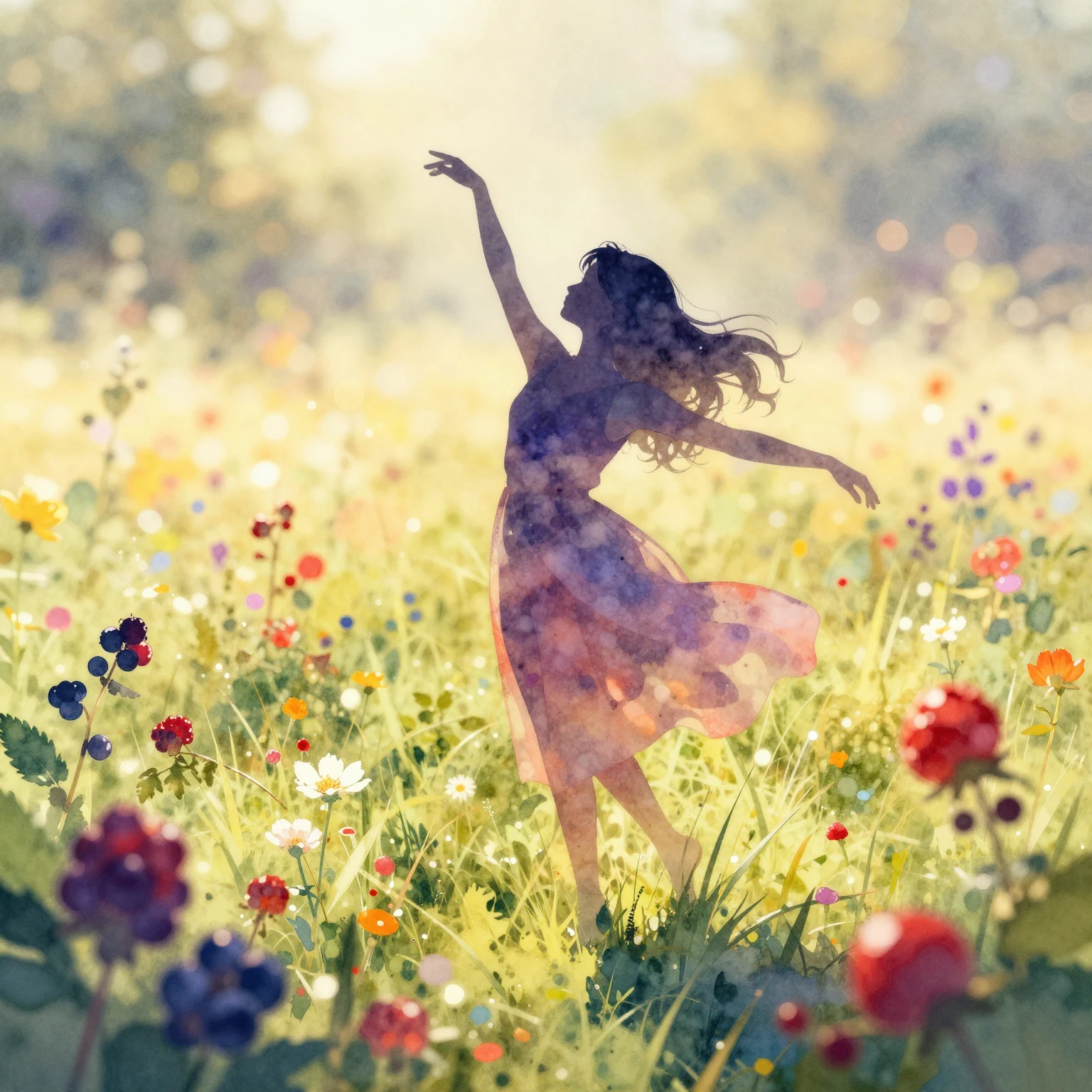 Watercolor style. A silhouette of a graceful girl dancing in...