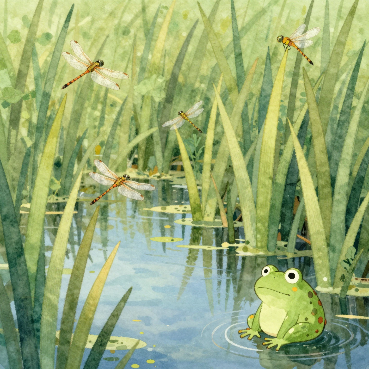 Vibrant watercolor illustration of a peaceful swamp ecosyste...