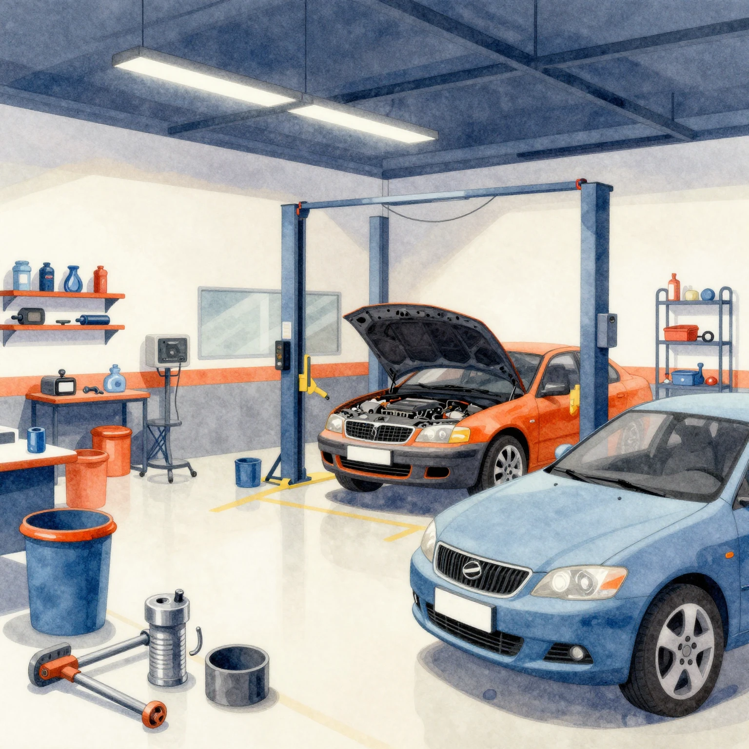 Vibrant watercolor illustration for a car service center. St...