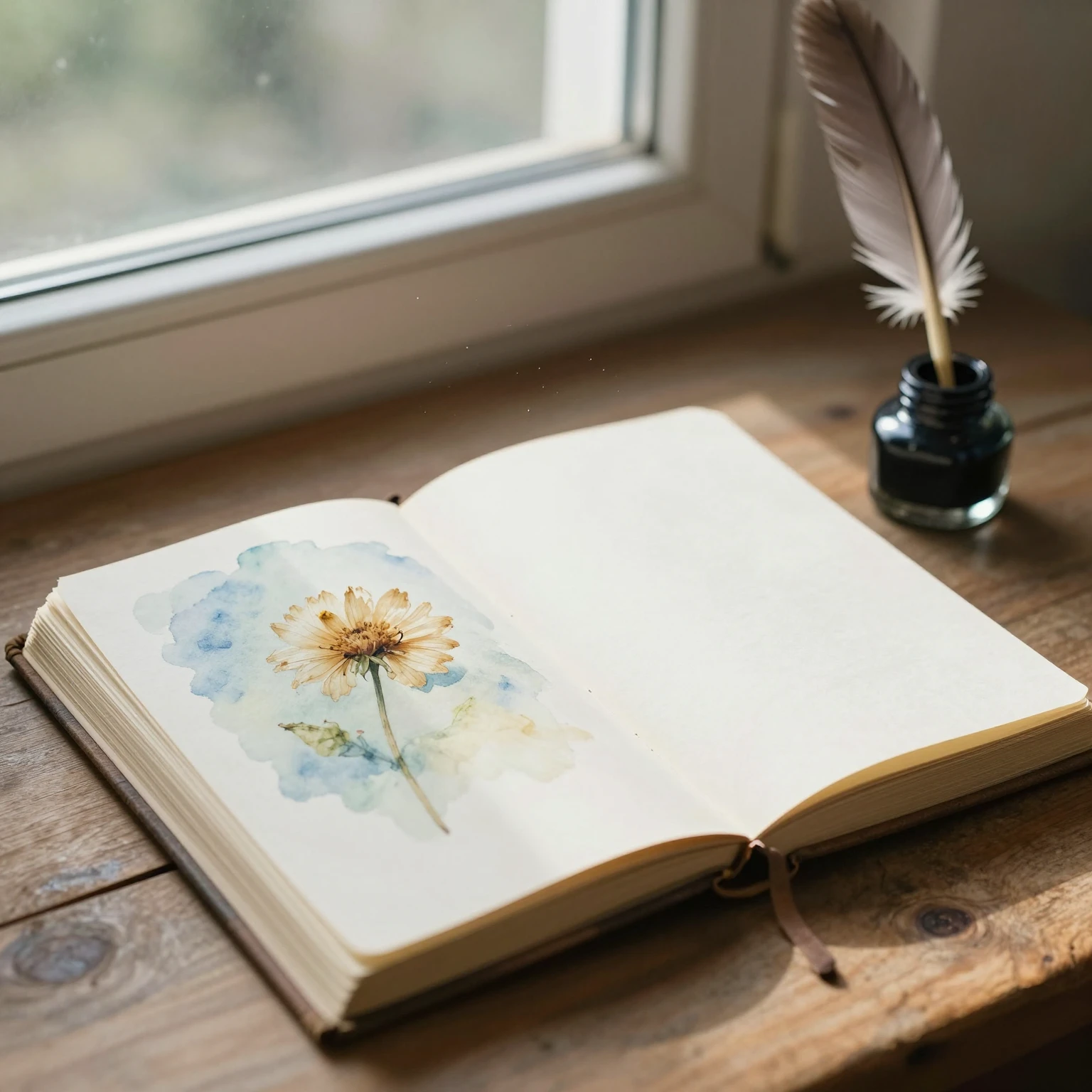 A delicate watercolor painting of an open vintage journal on...