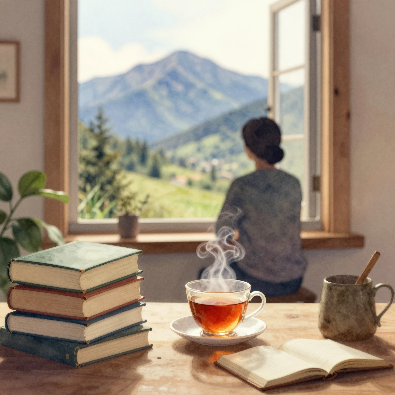 Watercolor style. A cozy study with a large window, a silhou...