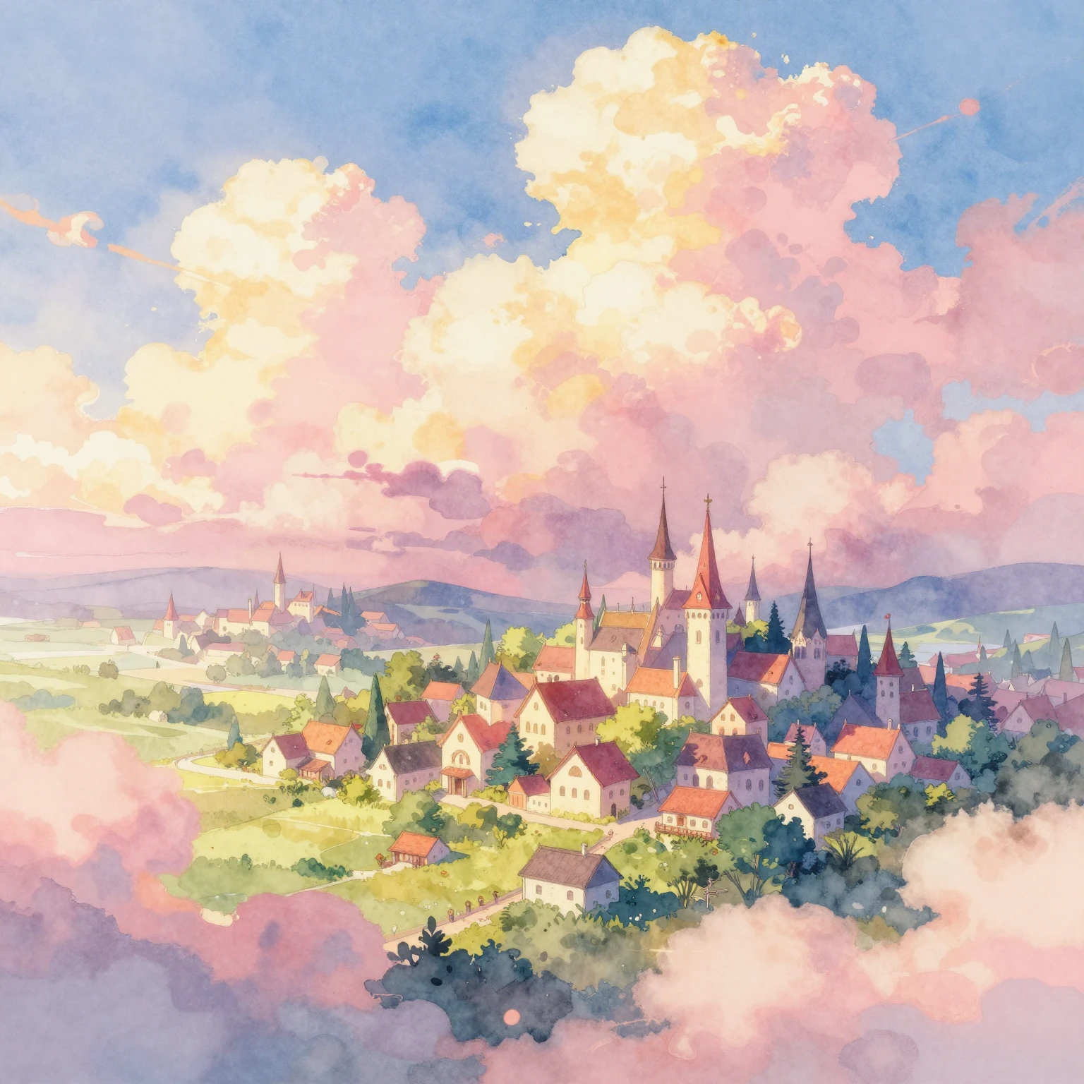 Pastel watercolor landscape with pink and golden clouds, fan...