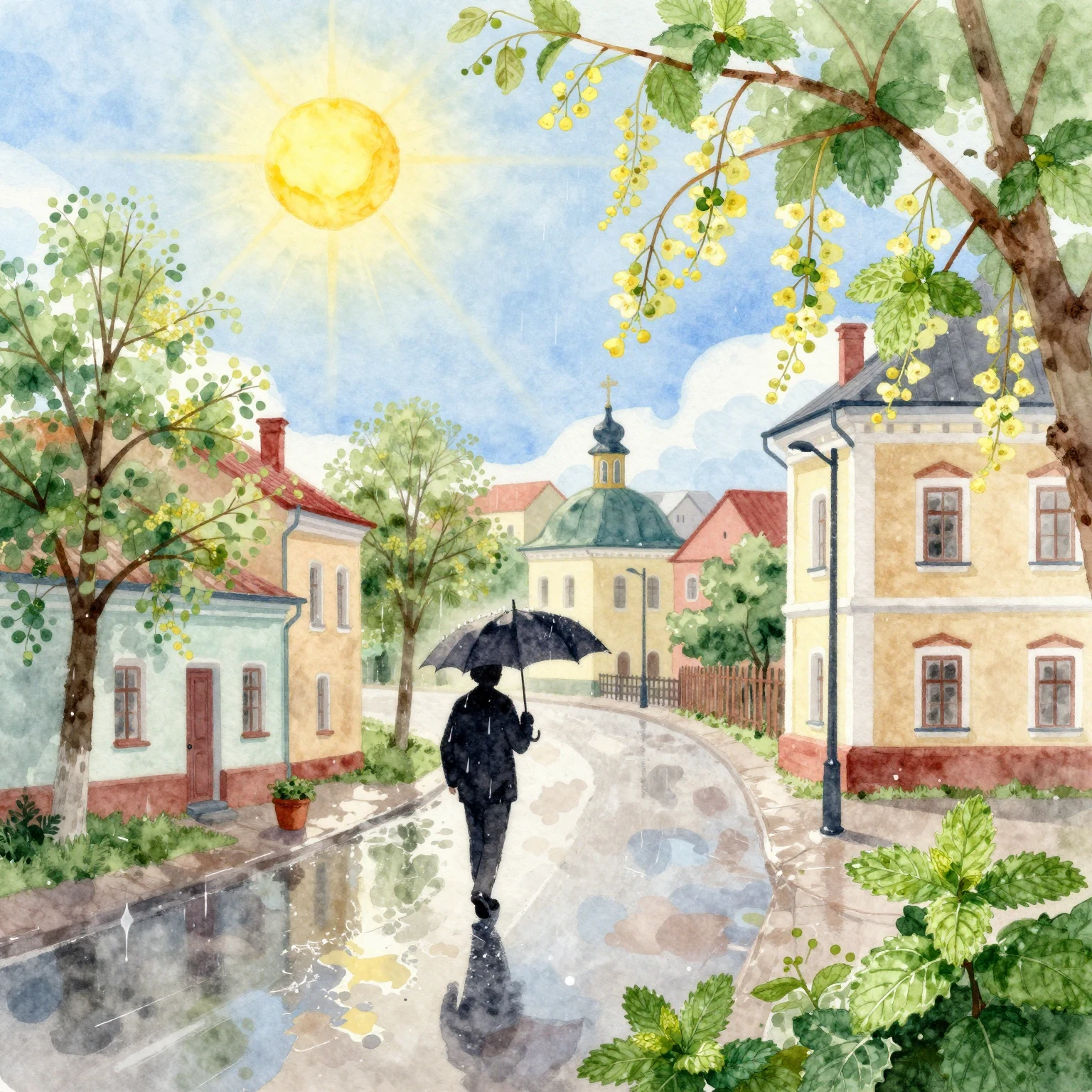 A vibrant, whimsical watercolor illustration of a southern R...