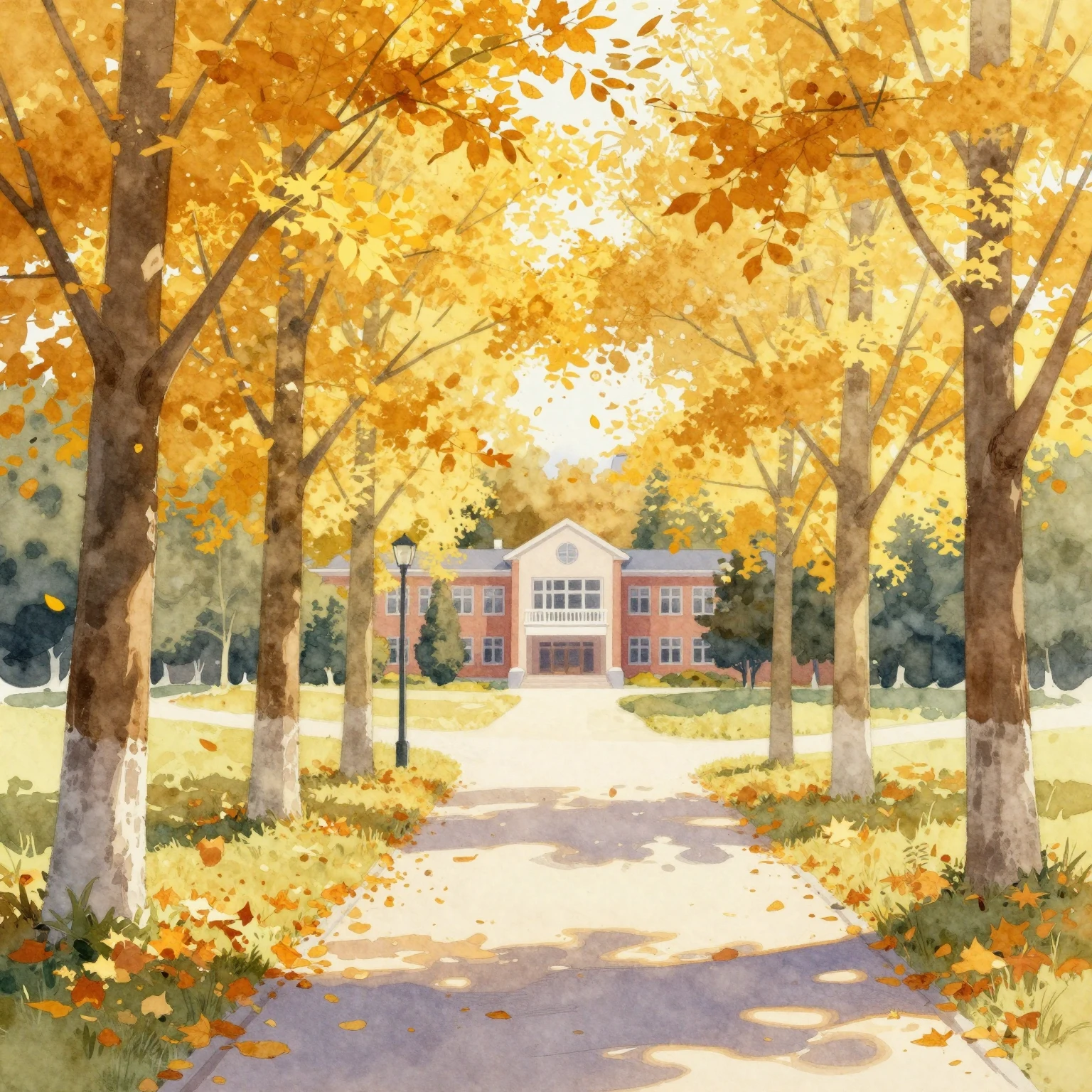 A vibrant watercolor painting of an autumn landscape. Golden...