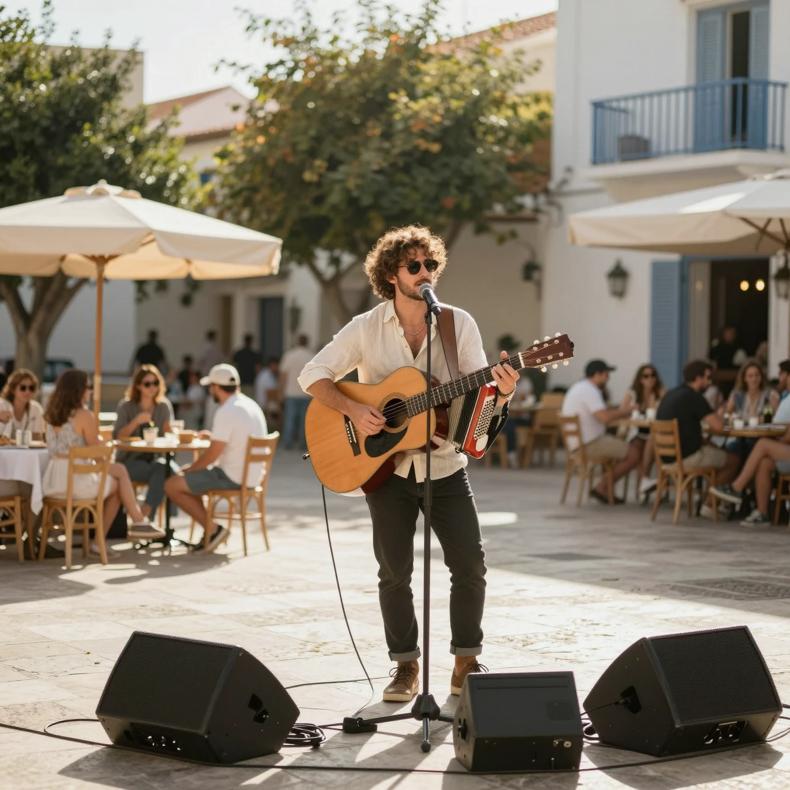 A sun-drenched Mediterranean plaza with a stylish singer pla...