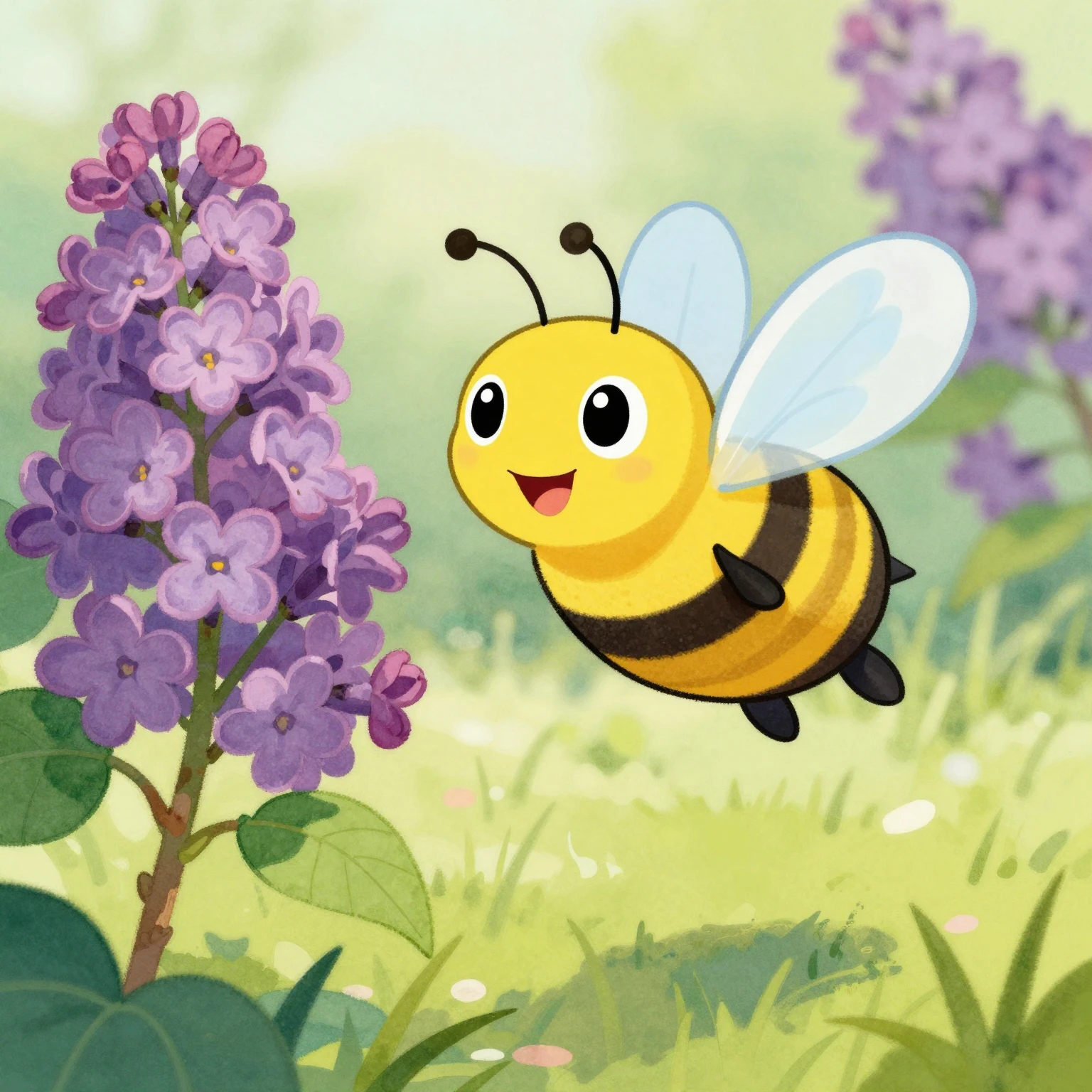 A friendly cartoon bee with yellow and black stripes, smilin...