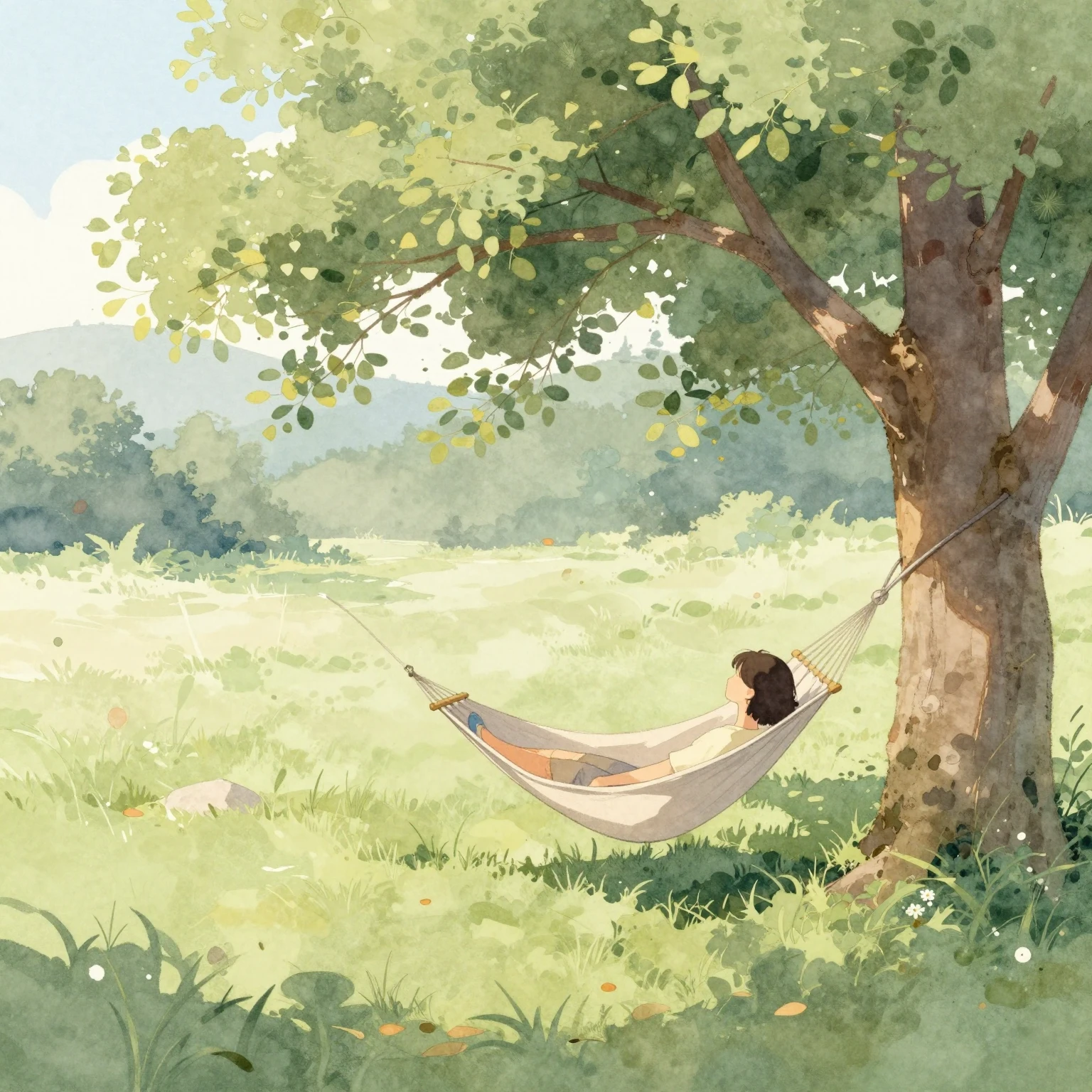 A peaceful watercolor illustration of a serene landscape wit...