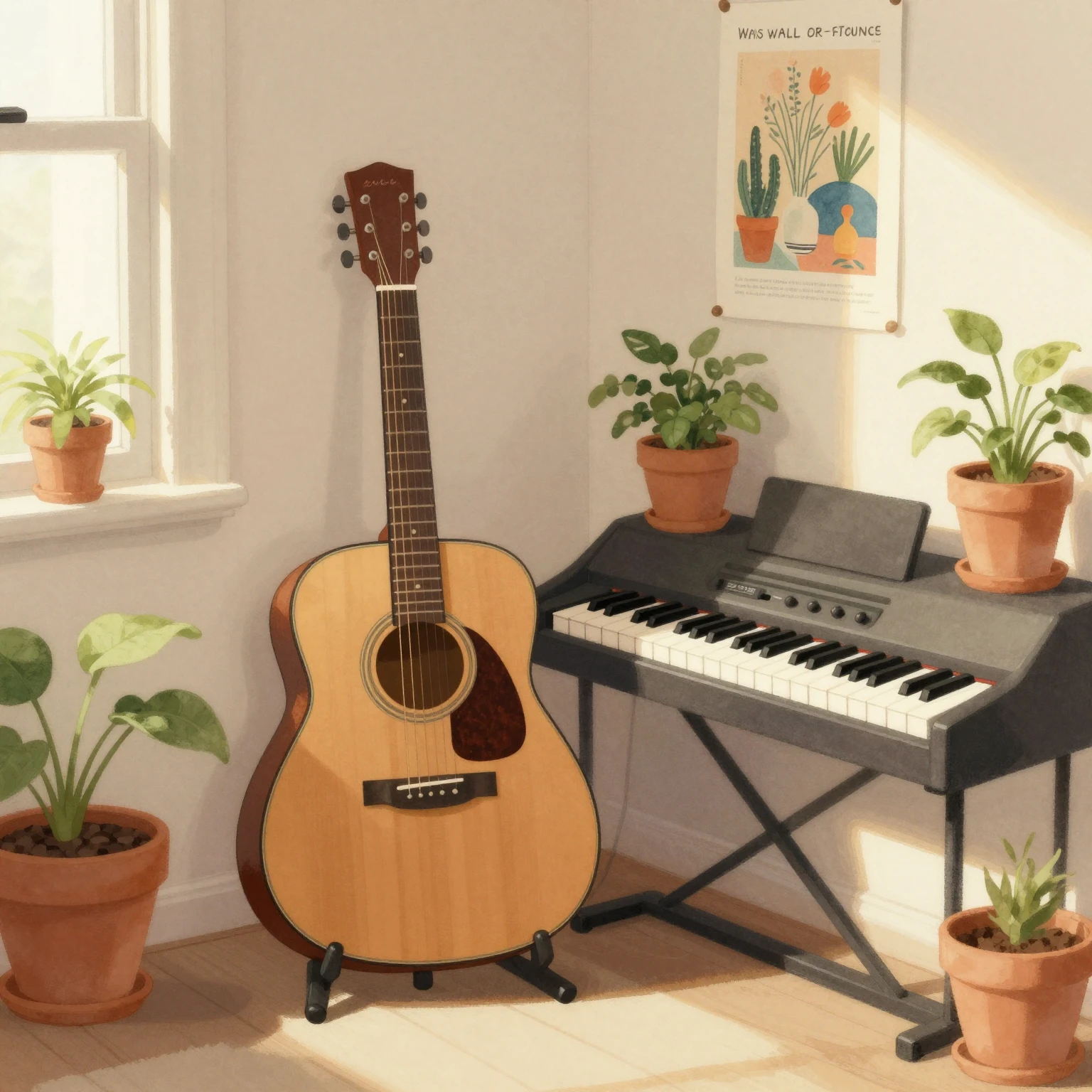 An indie-style room with a wooden acoustic guitar resting ag...