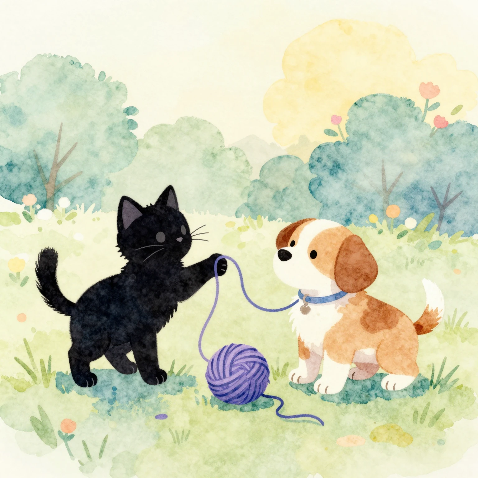 Watercolor style. A cute silhouette of a kitten and a puppy ...