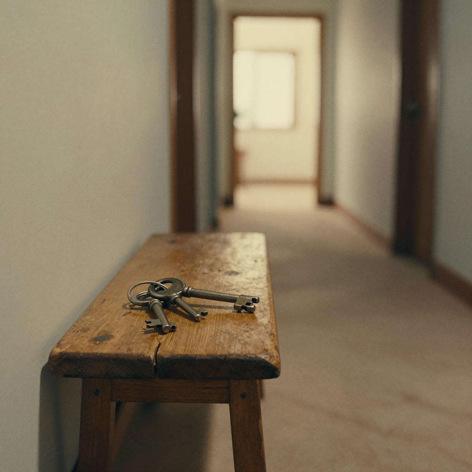 A set of old, solitary keys resting on a small, worn wooden ...