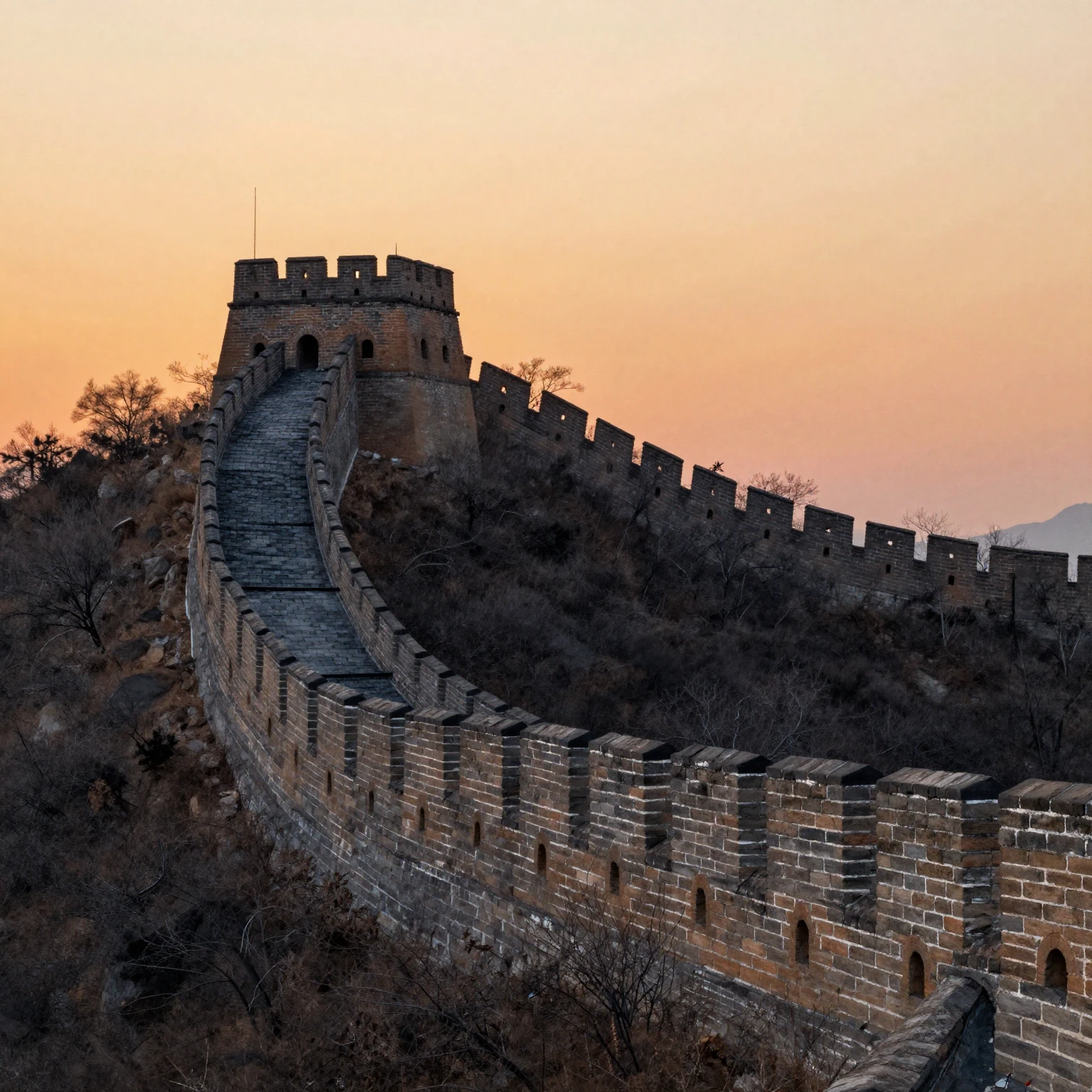 Watercolor style. Silhouette of the Great Wall of China unde...