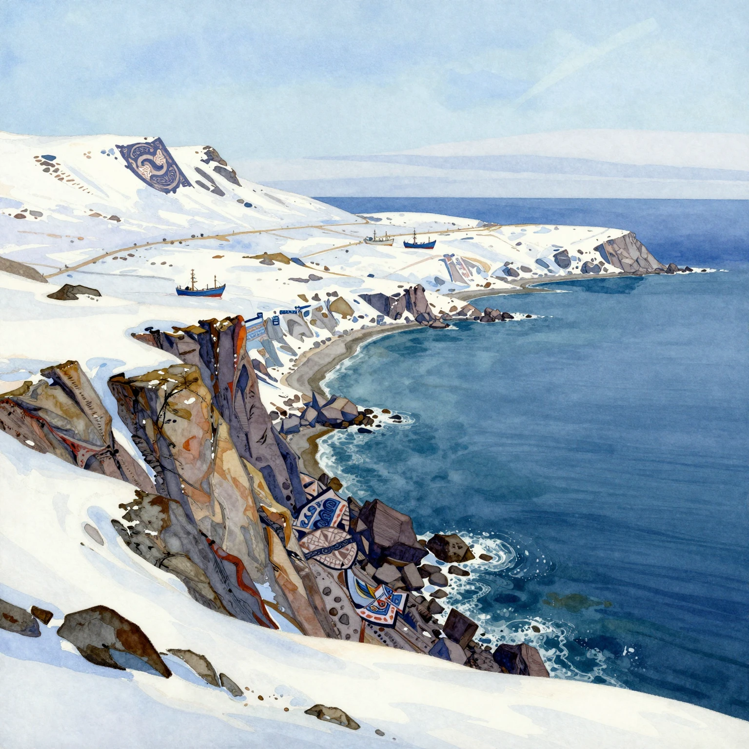 Vibrant watercolor painting of Kamchatka's rugged coastline,...